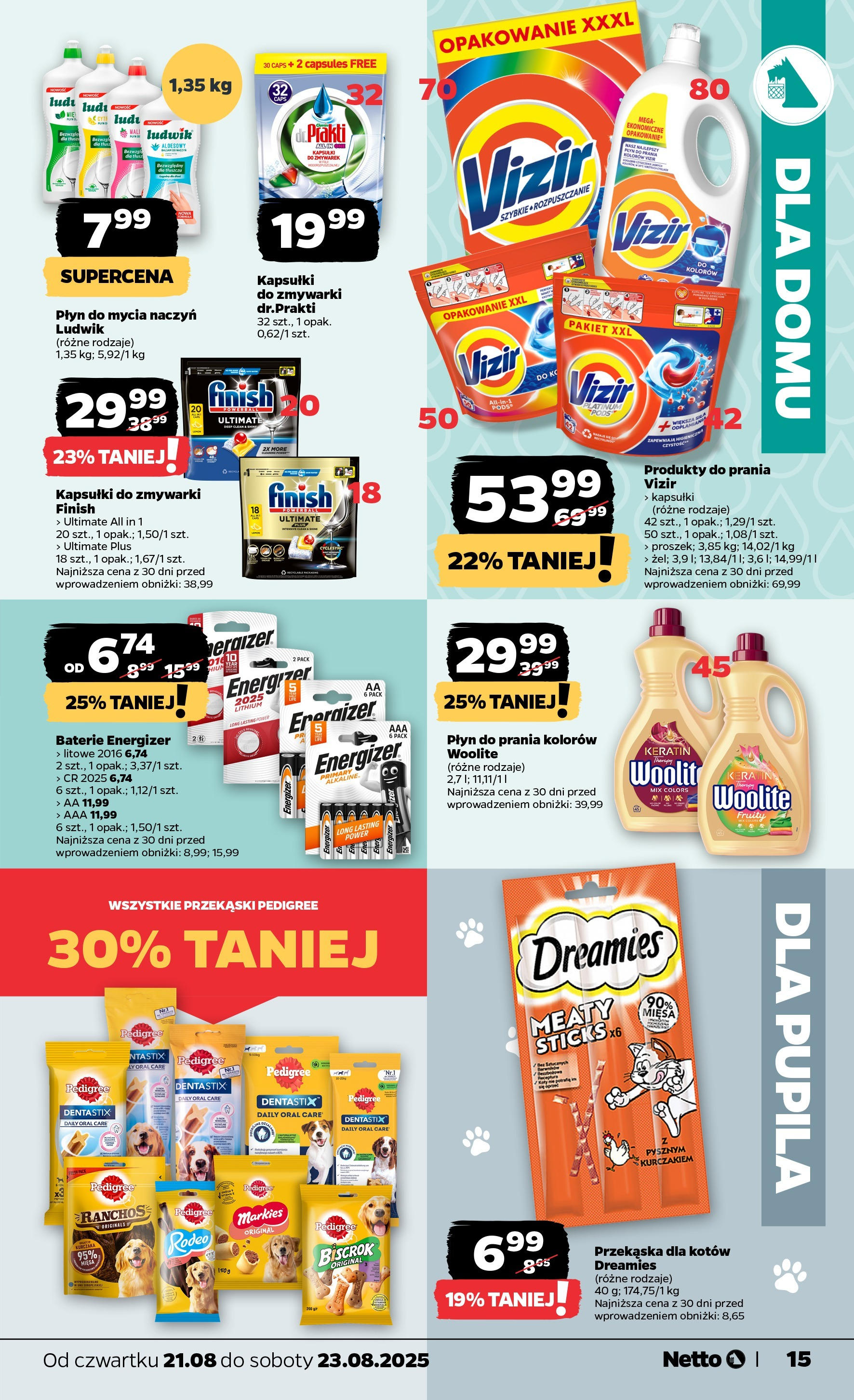 Netto gazetka - Spożywcza od 21.08.2025 - Aktualne promocje | Strona: 15 | Produkty: Baterie, Pedigree, Kapsułki do zmywarki, Płyn do mycia naczyń