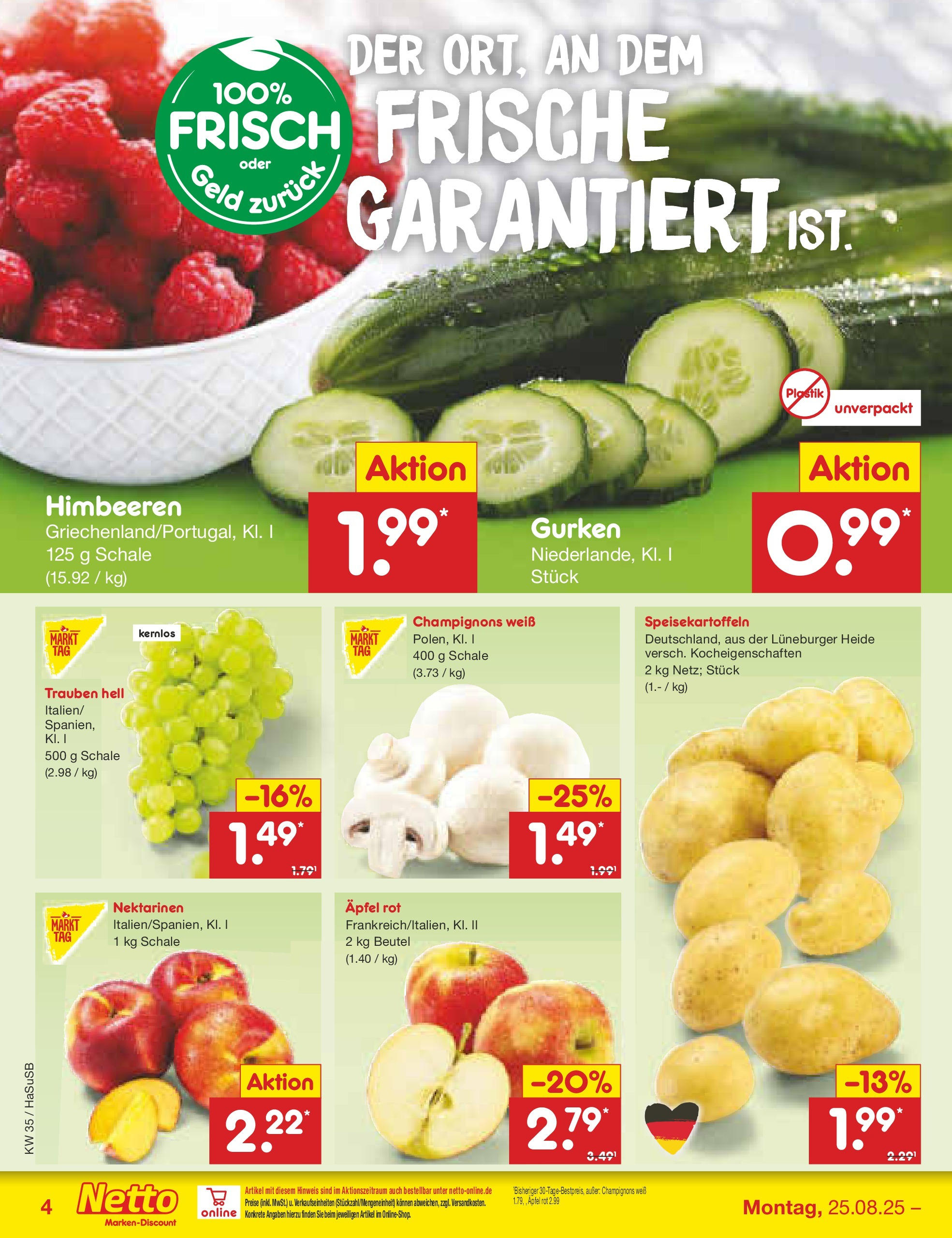 Netto Marken-Discount prospekt Wuppertal	 (ab 24.08.2025) » Angebote | Seite: 4 | Produkte: Himbeeren, Trauben, Äpfel, Gurken