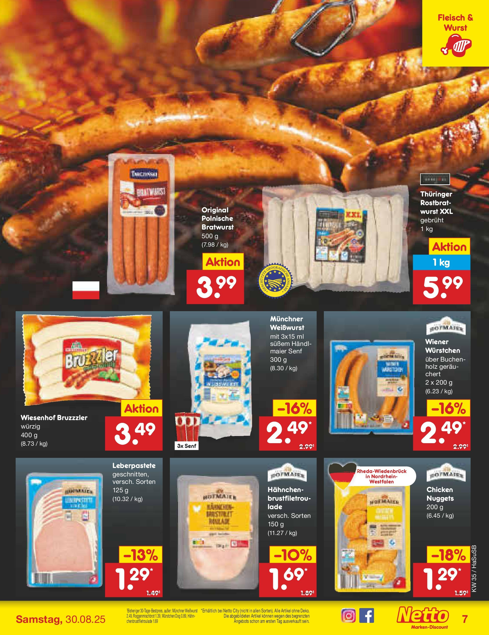 Netto Marken-Discount prospekt Wuppertal	 (ab 24.08.2025) » Angebote | Seite: 7 | Produkte: Hahnchen, Bratwurst, Weißwurst, Wurst