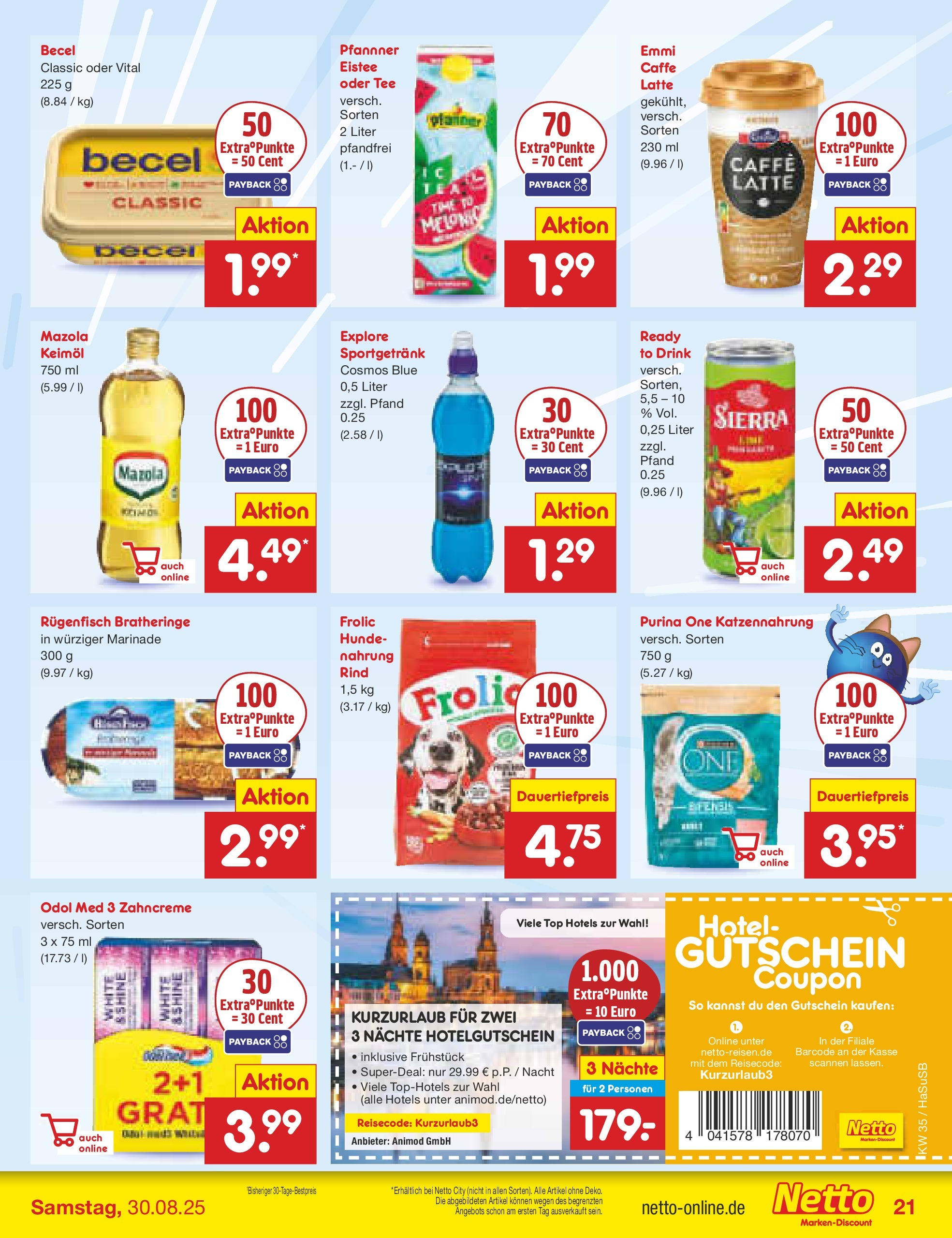 Netto Marken-Discount prospekt Wuppertal	 (ab 24.08.2025) » Angebote | Seite: 21 | Produkte: Purina one, Top, Becel, Tee