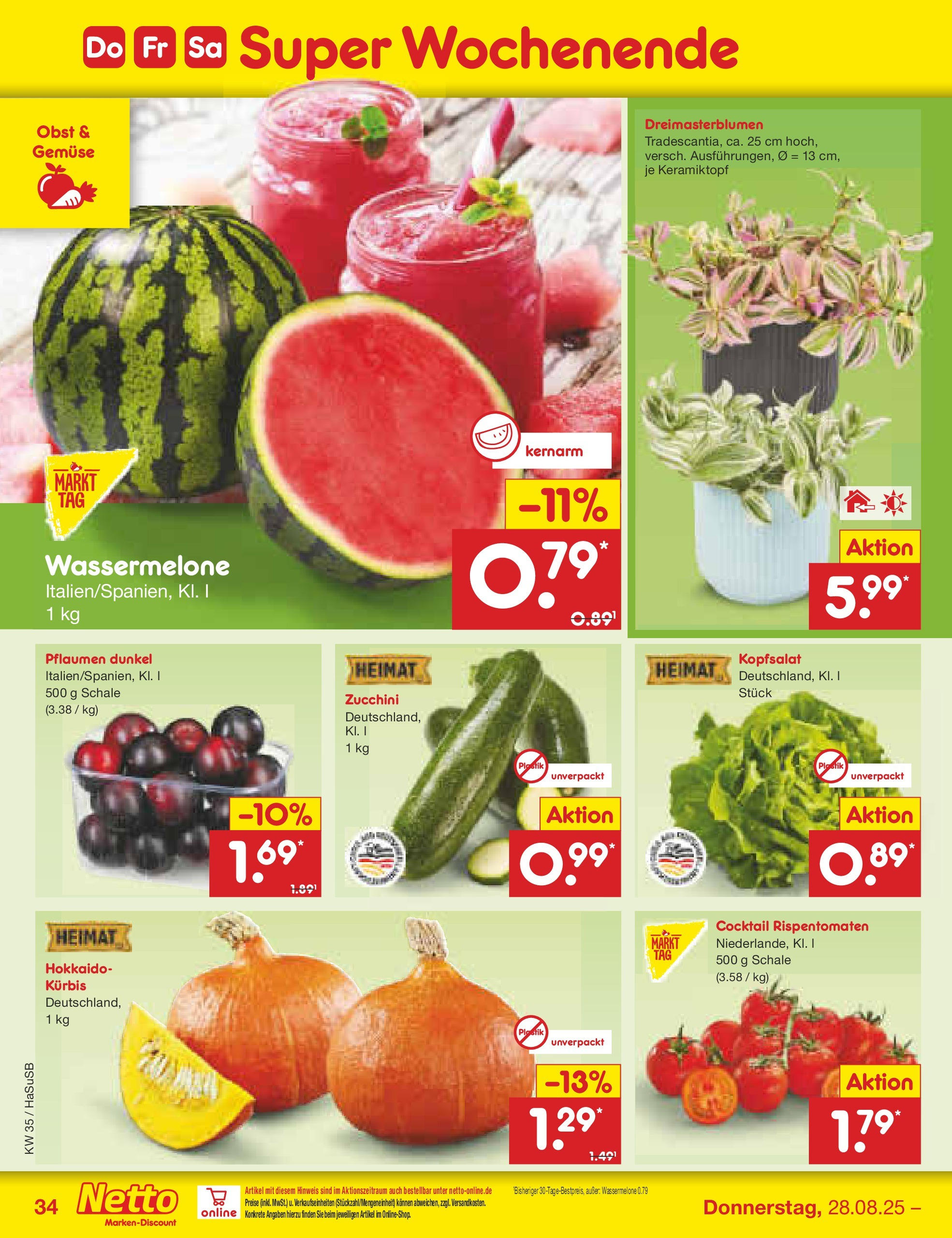 Netto Marken-Discount prospekt Wuppertal	 (ab 24.08.2025) » Angebote | Seite: 34 | Produkte: Pflaumen, Gemüse, Wassermelone, Zucchini