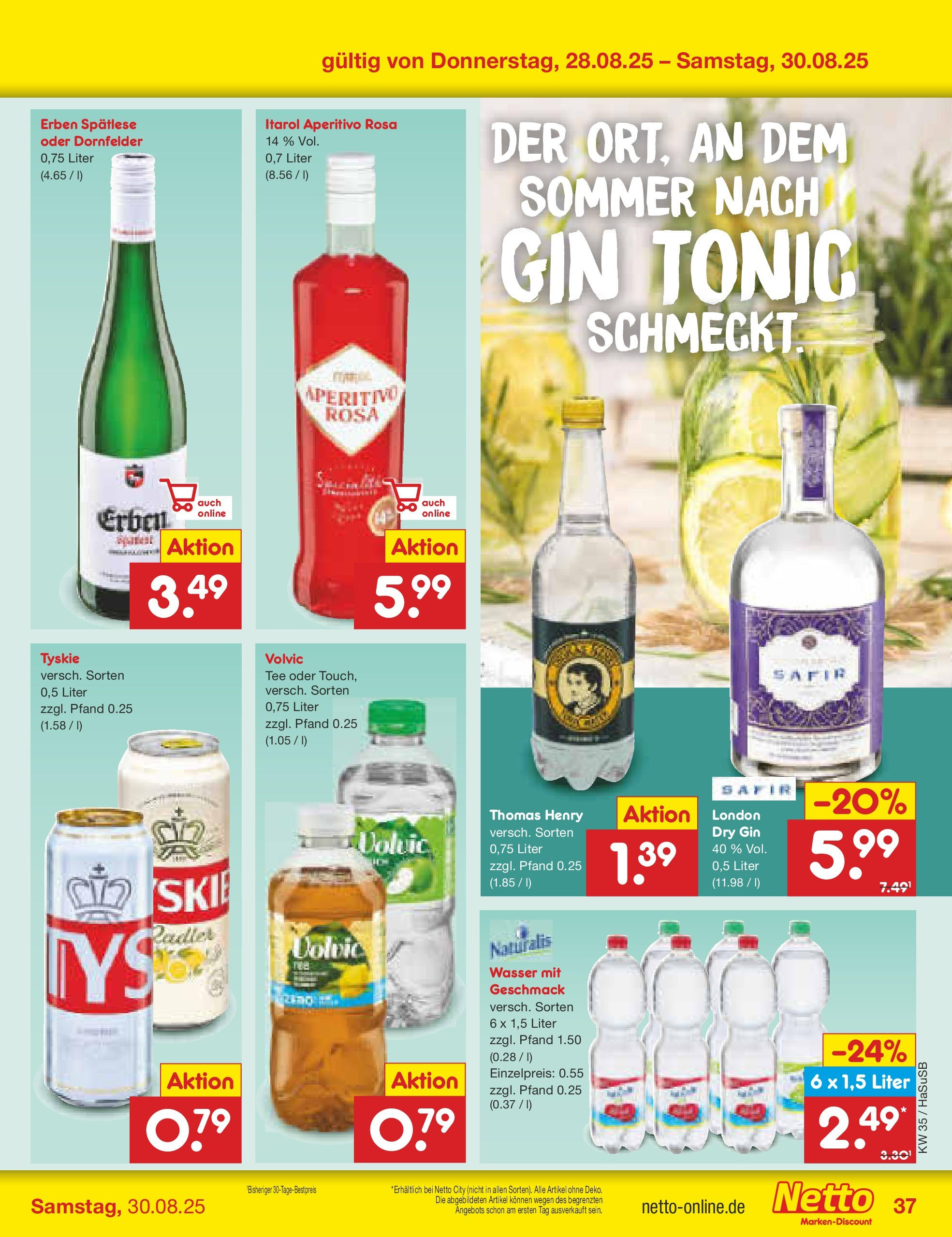 Netto Marken-Discount prospekt Wuppertal	 (ab 24.08.2025) » Angebote | Seite: 37 | Produkte: Radler, Wasser, Tee, Volvic