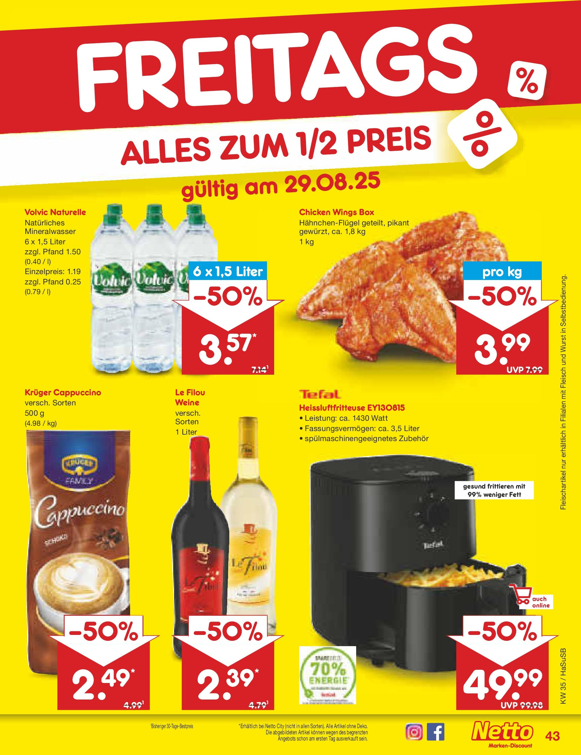 Netto Marken-Discount prospekt Wuppertal	 (ab 24.08.2025) » Angebote | Seite: 43 | Produkte: Wurst, Kruger cappuccino, Volvic, Heißluftfritteuse