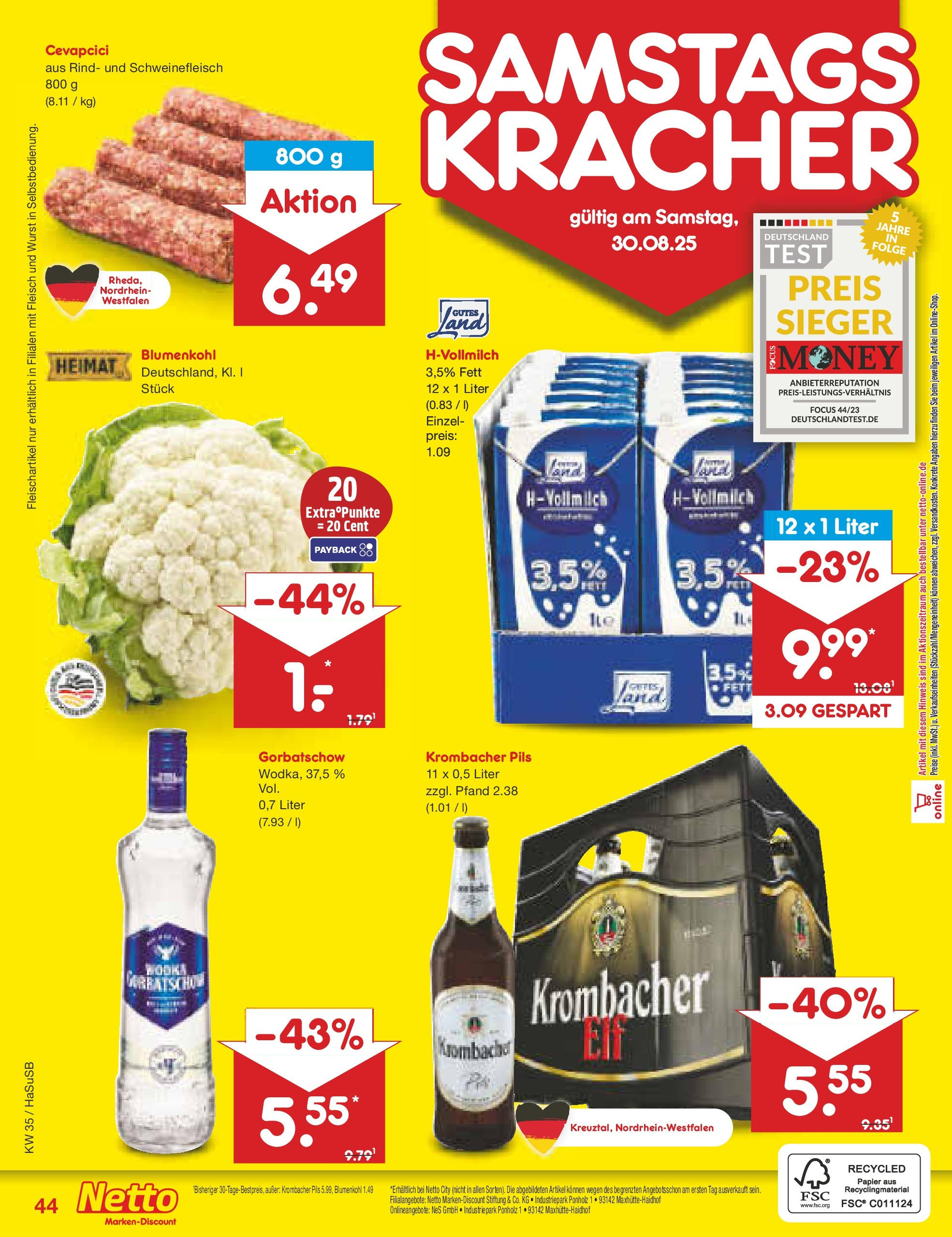 Netto Marken-Discount prospekt Wuppertal	 (ab 24.08.2025) » Angebote | Seite: 44 | Produkte: Cevapcici, Krombacher, Blumenkohl, Fleisch