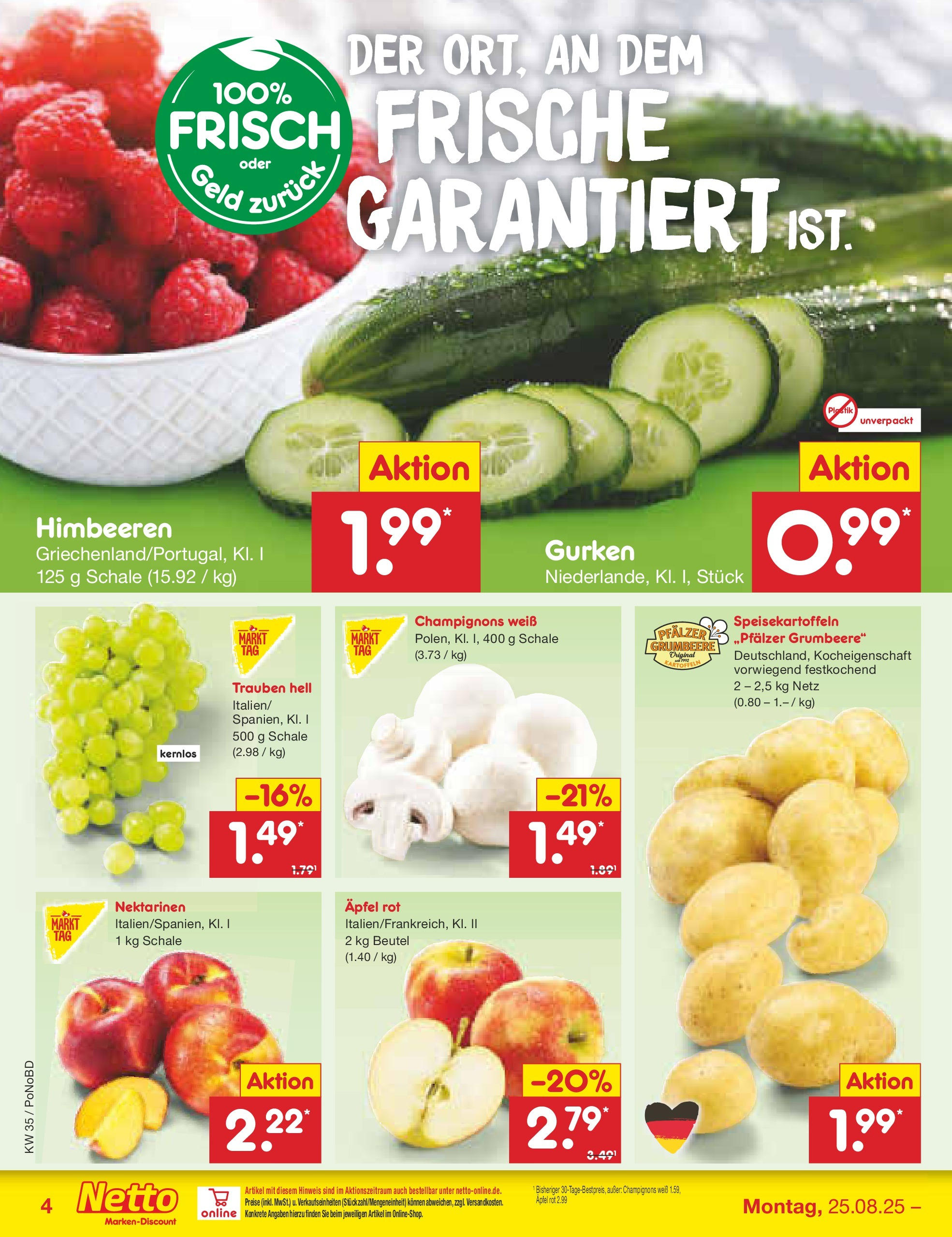 Netto Marken-Discount prospekt Selb	 (ab 24.08.2025) » Angebote | Seite: 4 | Produkte: Himbeeren, Äpfel, Champignons, Gurken