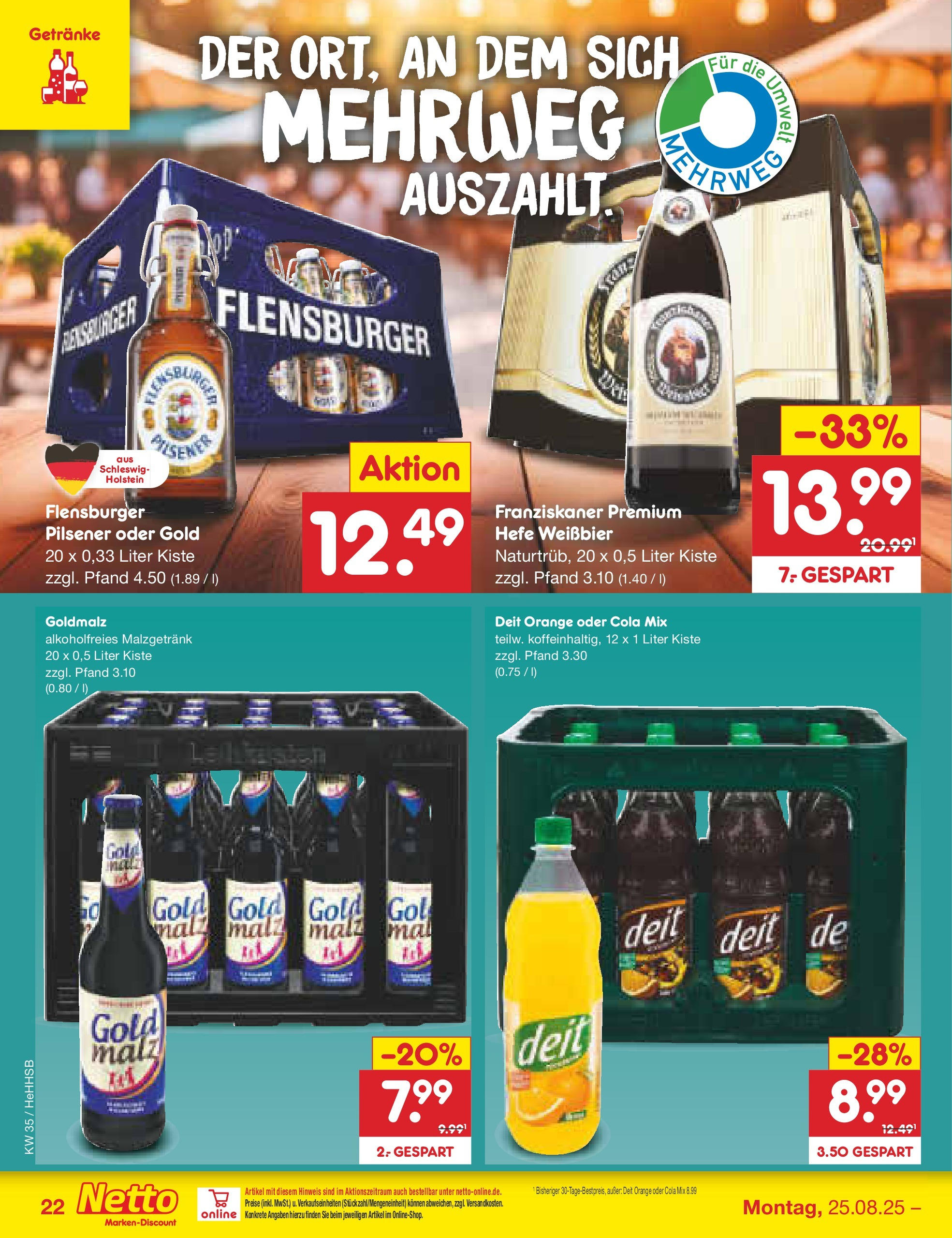 Netto Marken-Discount prospekt Hamburg	 (ab 24.08.2025) » Angebote | Seite: 32 | Produkte: Cola, Weißbier, Flensburger, Hefe weissbier