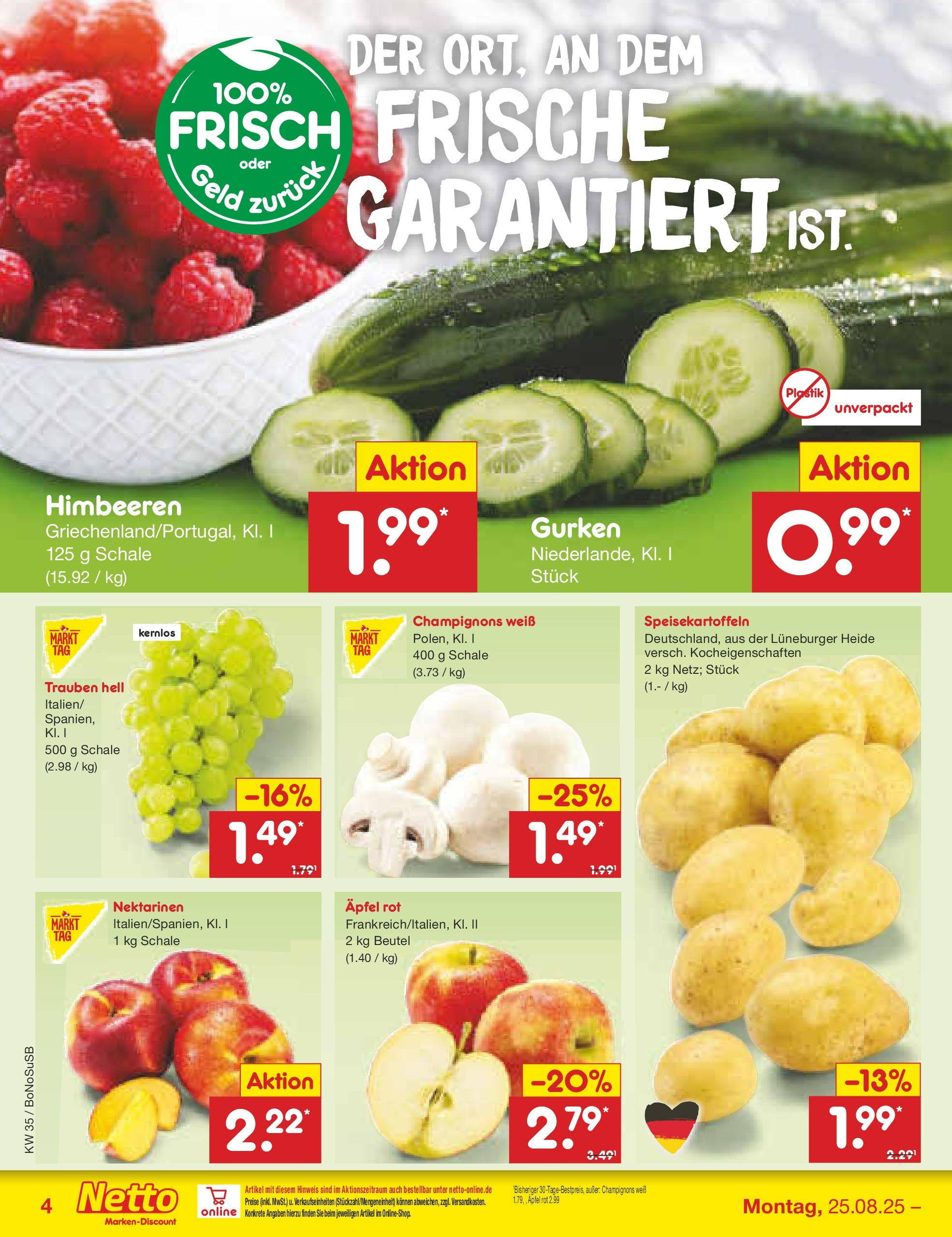 Netto Marken-Discount prospekt Herne (ab 24.08.2025) » Angebote | Seite: 4 | Produkte: Himbeeren, Trauben, Äpfel, Champignons Netto Marken-Discount prospekt Herne (ab 24.08.2025) » Angebote | Seite: 4 | Produkte: Himbeeren, Trauben, Äpfel, Champignons