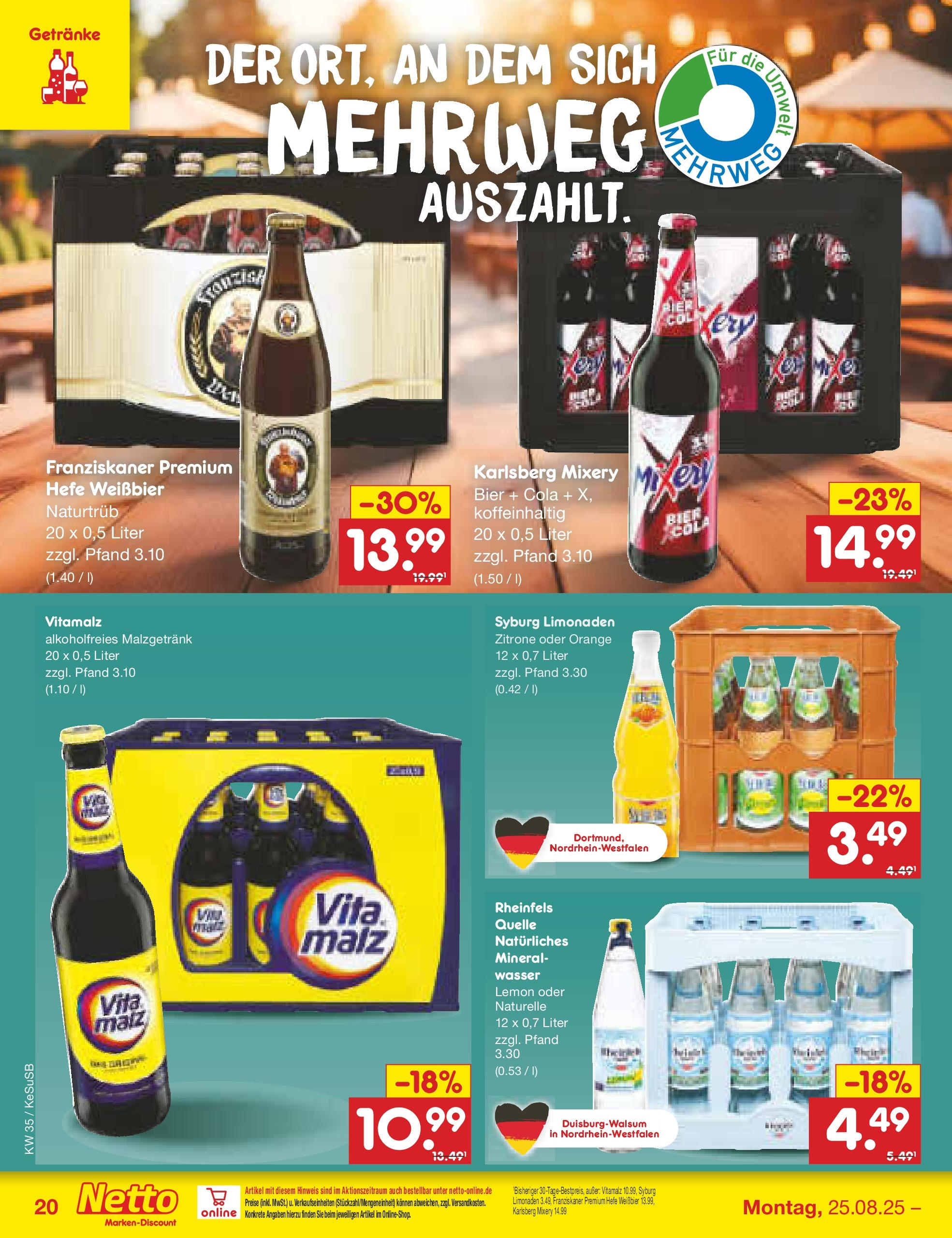 Netto Marken-Discount prospekt Kruft	 (ab 24.08.2025) » Angebote | Seite: 30 | Produkte: Franziskaner, Bier, Wasser, Mixery