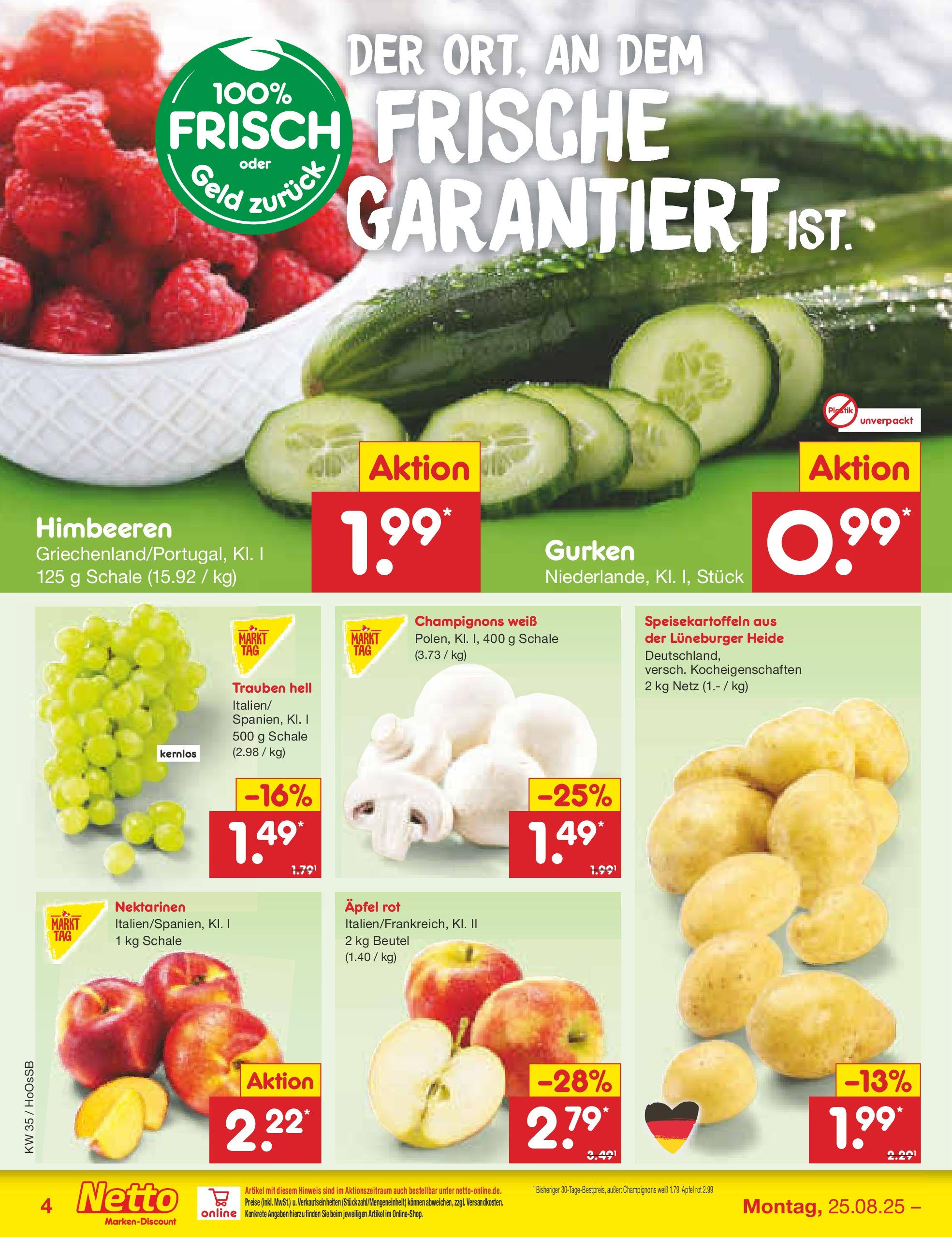 Netto Marken-Discount prospekt Wolfenbüttel	 (ab 24.08.2025) » Angebote | Seite: 4 | Produkte: Himbeeren, Trauben, Äpfel, Champignons