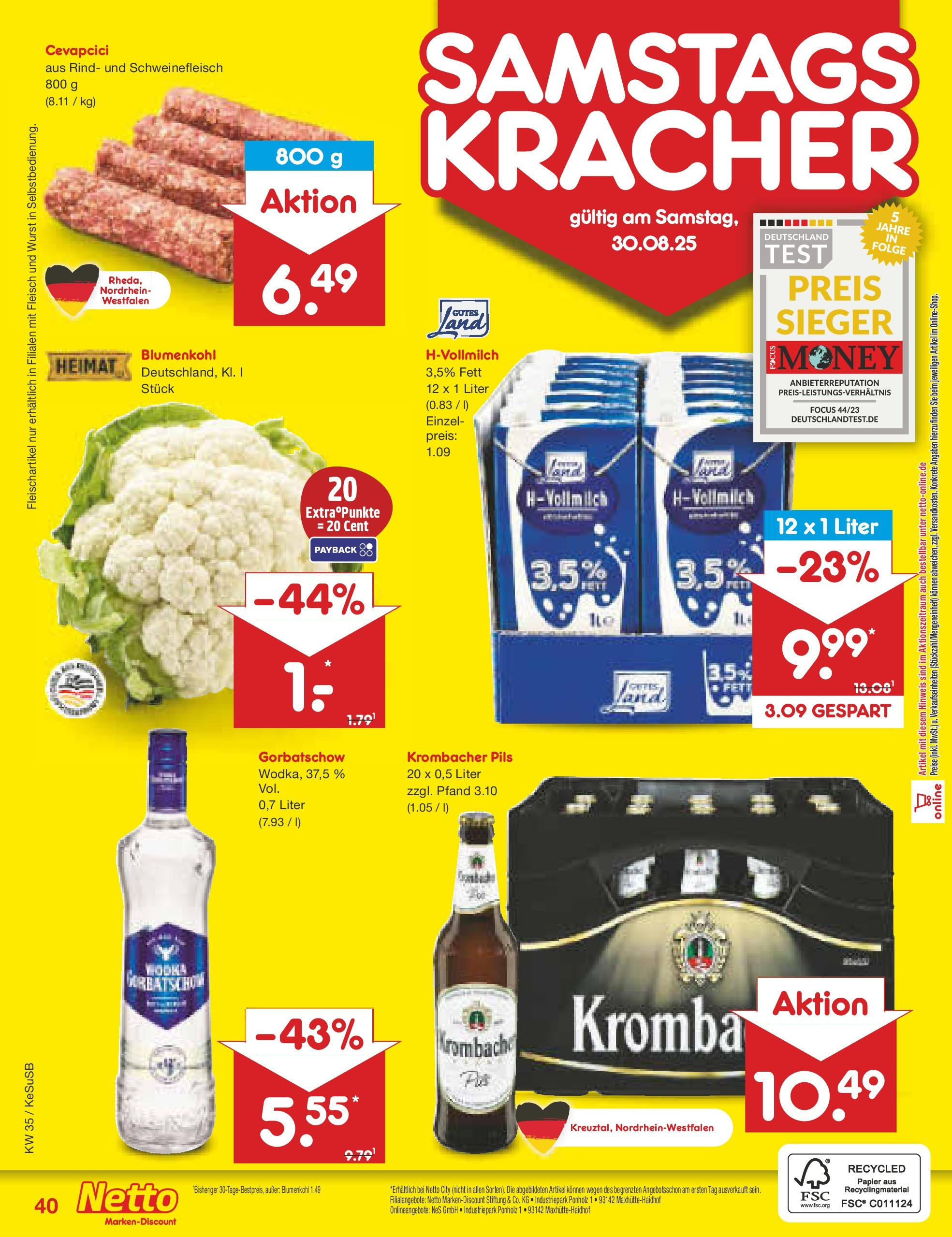 Netto Marken-Discount prospekt Kruft	 (ab 24.08.2025) » Angebote | Seite: 58 | Produkte: Cevapcici, Krombacher, Blumenkohl, Wodka