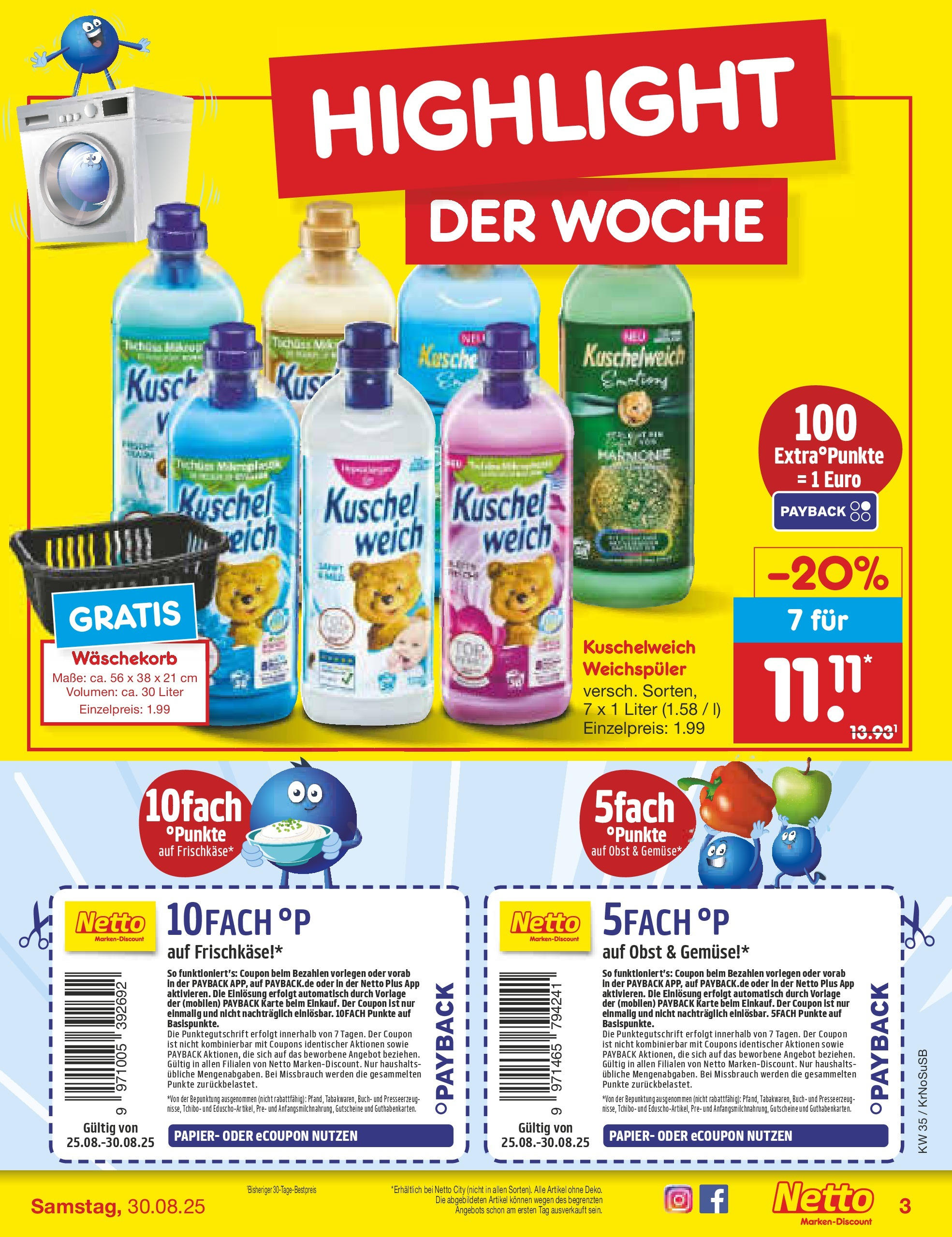 Netto Marken-Discount prospekt Jüchen	 (ab 24.08.2025) » Angebote | Seite: 3 | Produkte: Weichspüler, Gemüse, Obst, Frischkase