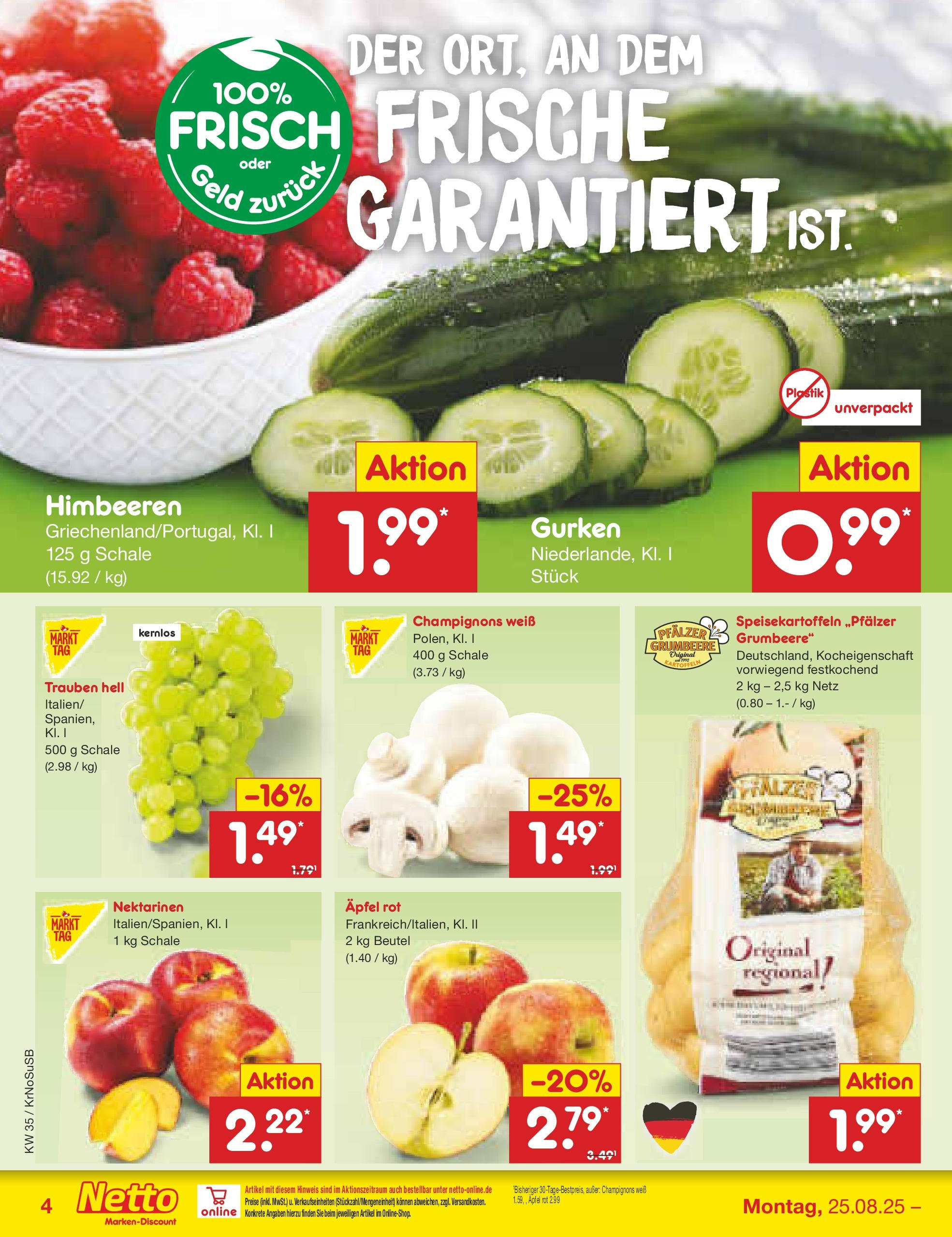 Netto Marken-Discount prospekt Jüchen	 (ab 24.08.2025) » Angebote | Seite: 4 | Produkte: Trauben, Äpfel, Champignons, Kartoffeln