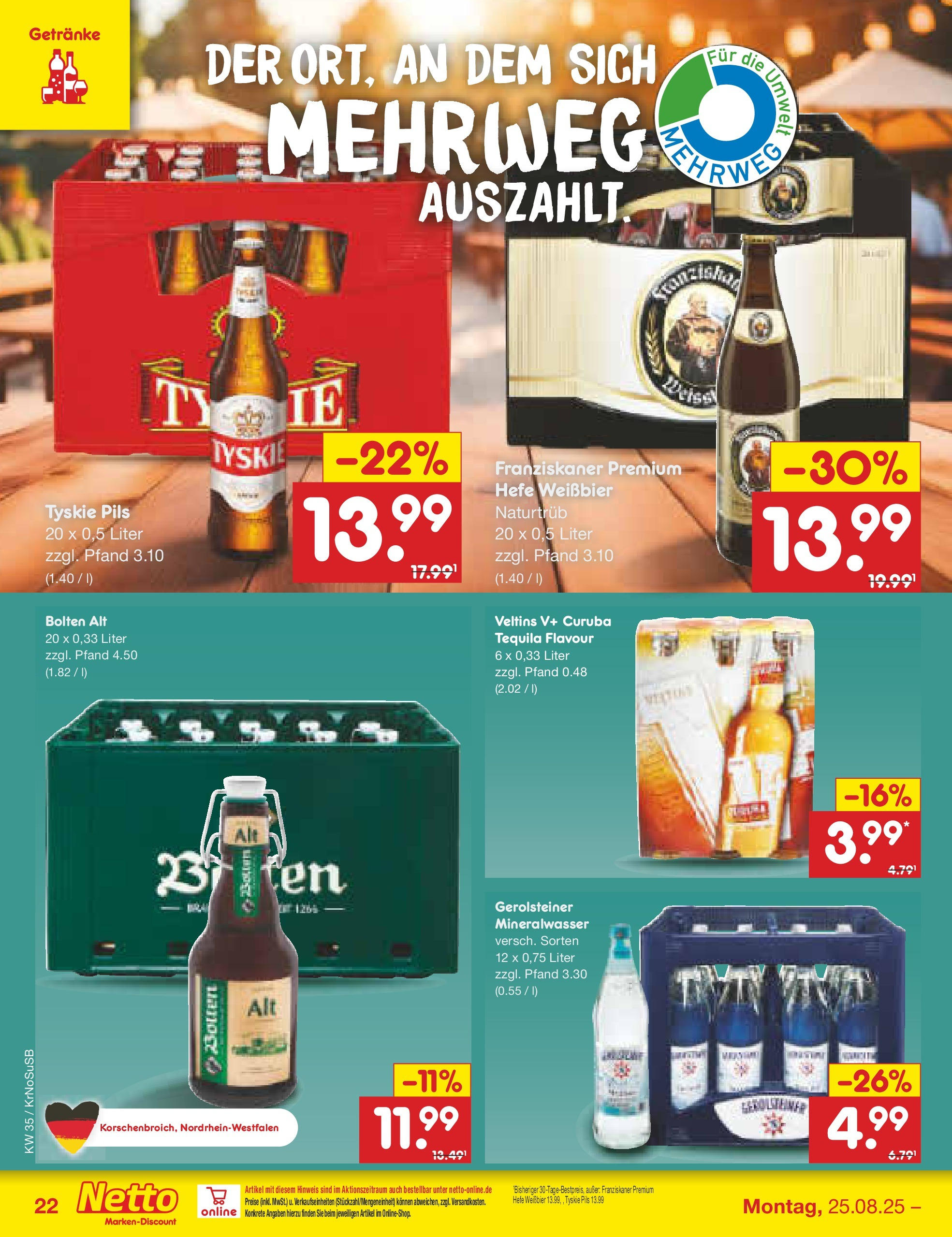 Netto Marken-Discount prospekt Jüchen	 (ab 24.08.2025) » Angebote | Seite: 32 | Produkte: Franziskaner, Pils, Tequila, Veltins