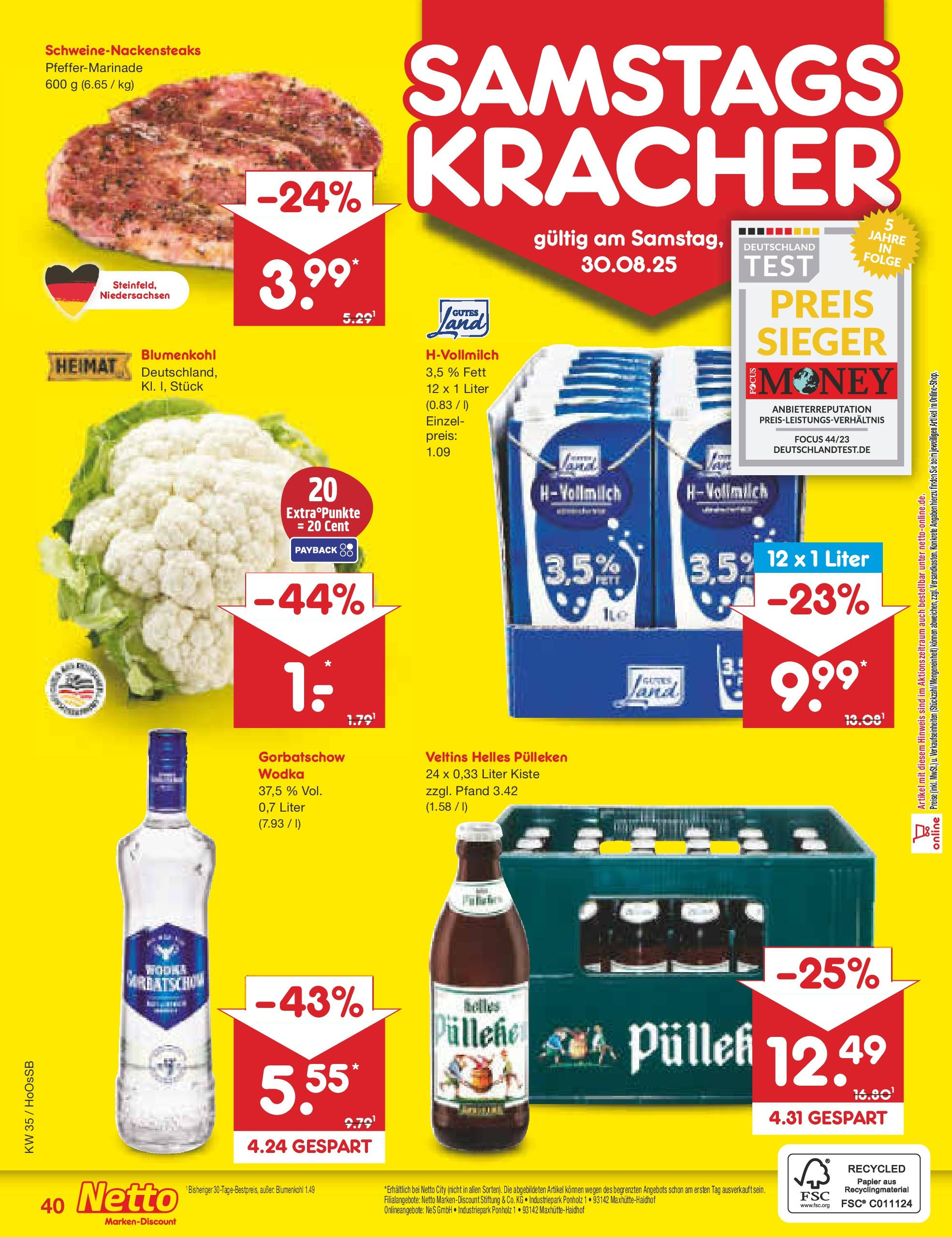 Netto Marken-Discount prospekt Wolfenbüttel	 (ab 24.08.2025) » Angebote | Seite: 60 | Produkte: Helles pulleken, Blumenkohl, Wodka, Veltins