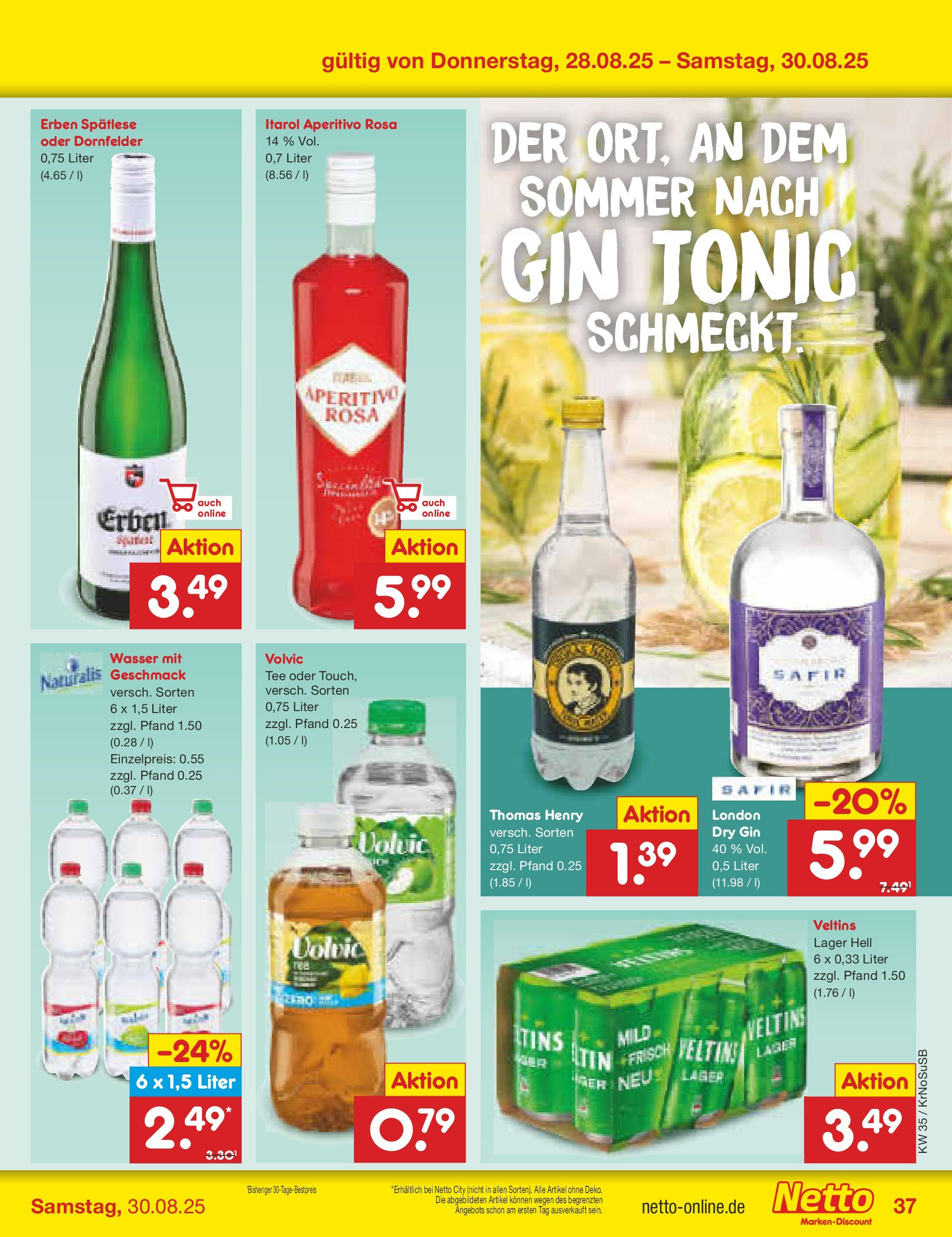Netto Marken-Discount prospekt Jüchen	 (ab 24.08.2025) » Angebote | Seite: 53 | Produkte: Wasser, Tee, Gin, Veltins