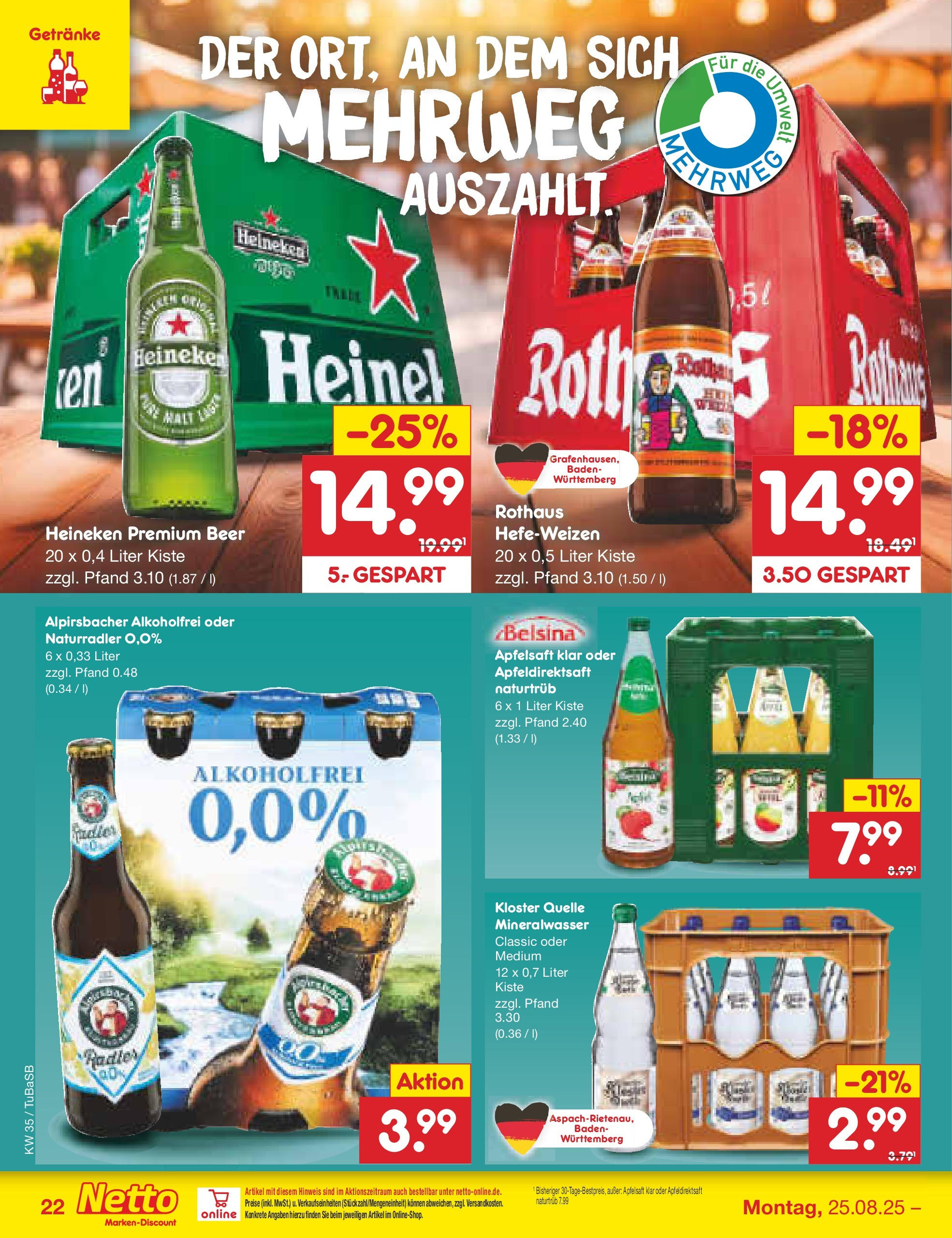 Netto Marken-Discount prospekt Lahr-Langenwinkel (ab 24.08.2025) » Angebote | Seite: 32 | Produkte: Apfelsaft, Mineralwasser, Heineken Netto Marken-Discount prospekt Lahr-Langenwinkel (ab 24.08.2025) » Angebote | Seite: 32 | Produkte: Apfelsaft, Mineralwasser, Heineken
