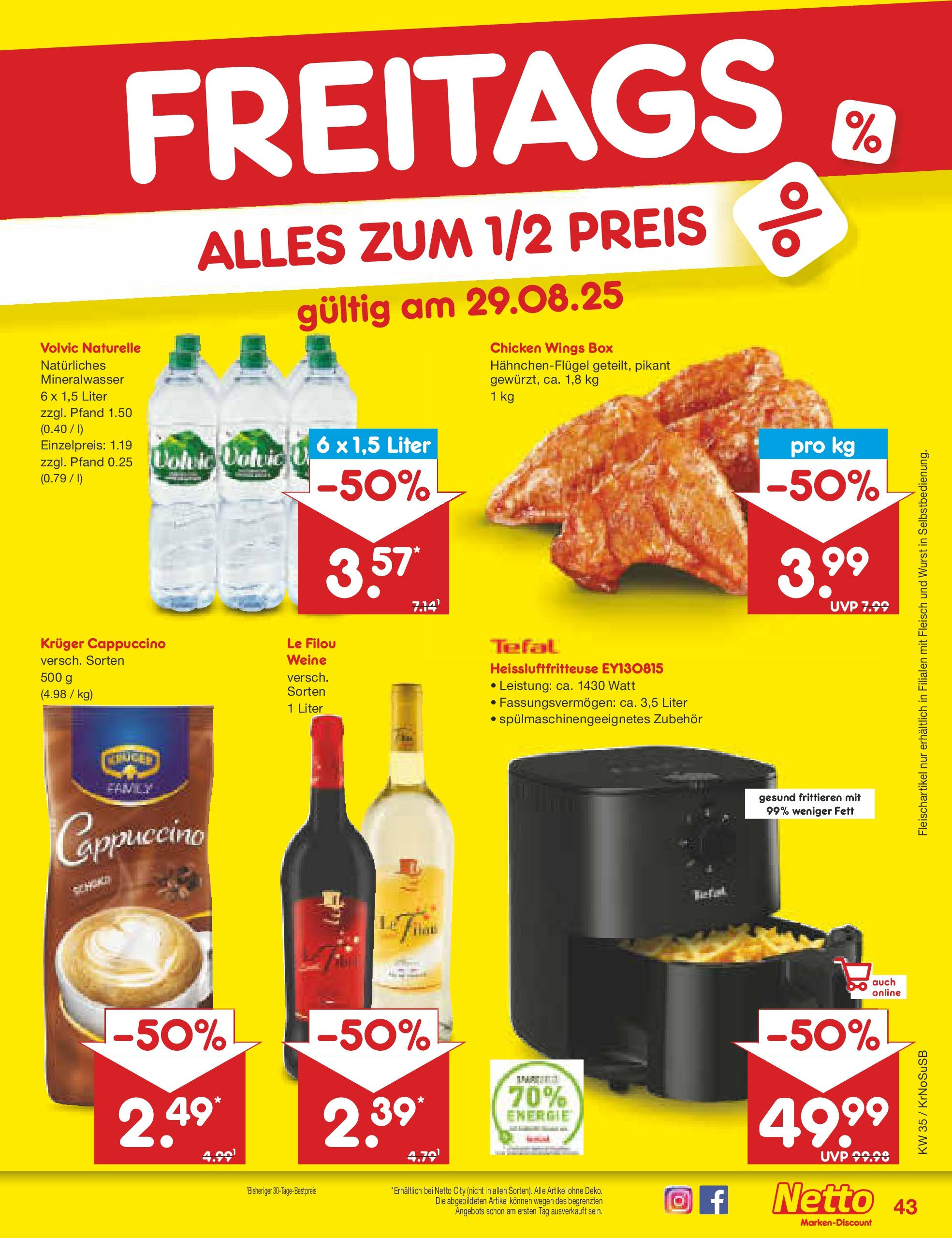 Netto Marken-Discount prospekt Jüchen	 (ab 24.08.2025) » Angebote | Seite: 63 | Produkte: Wurst, Kruger cappuccino, Volvic, Fleisch