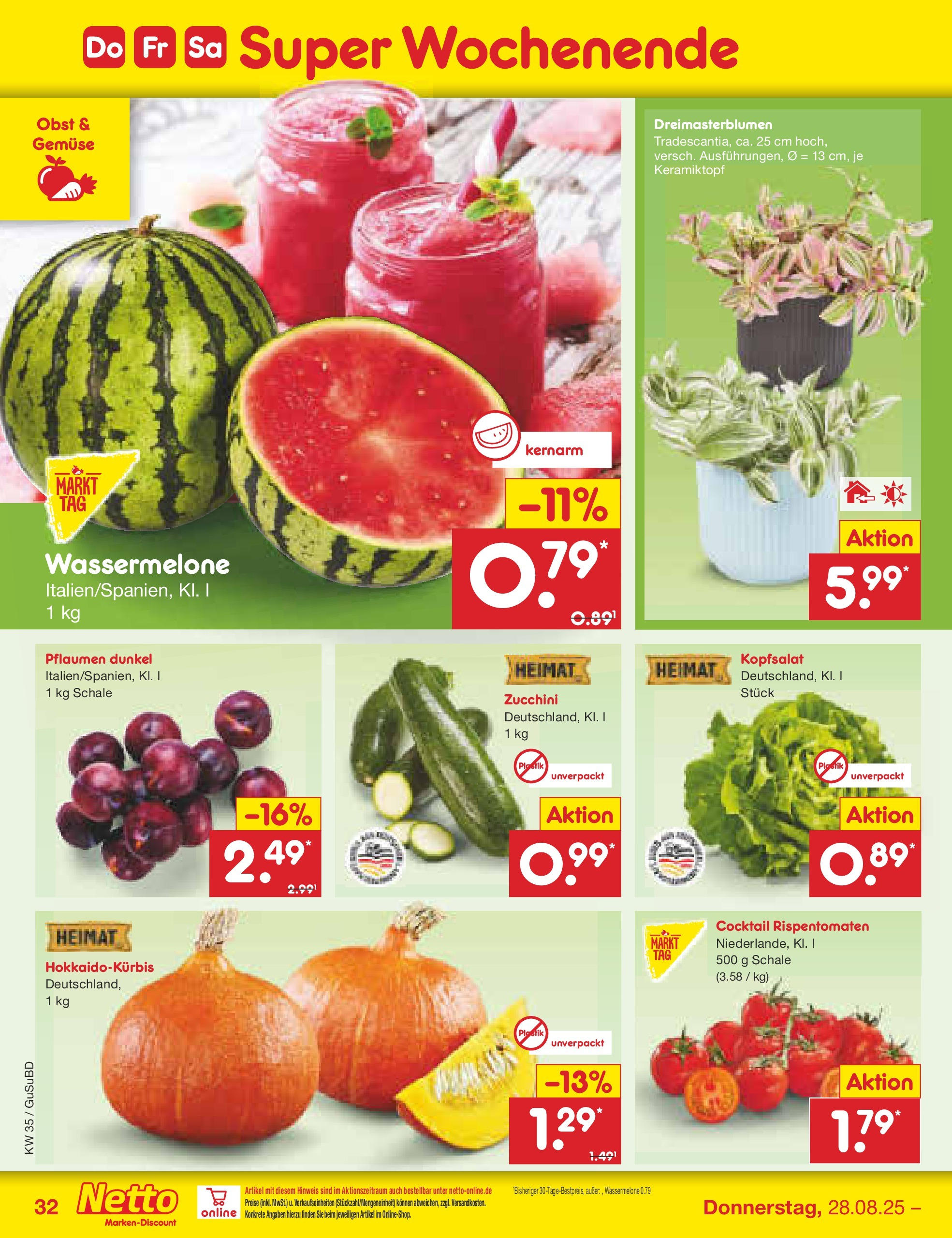 Netto Marken-Discount prospekt Glauchau	 (ab 24.08.2025) » Angebote | Seite: 48 | Produkte: Pflaumen, Gemüse, Wassermelone, Zucchini