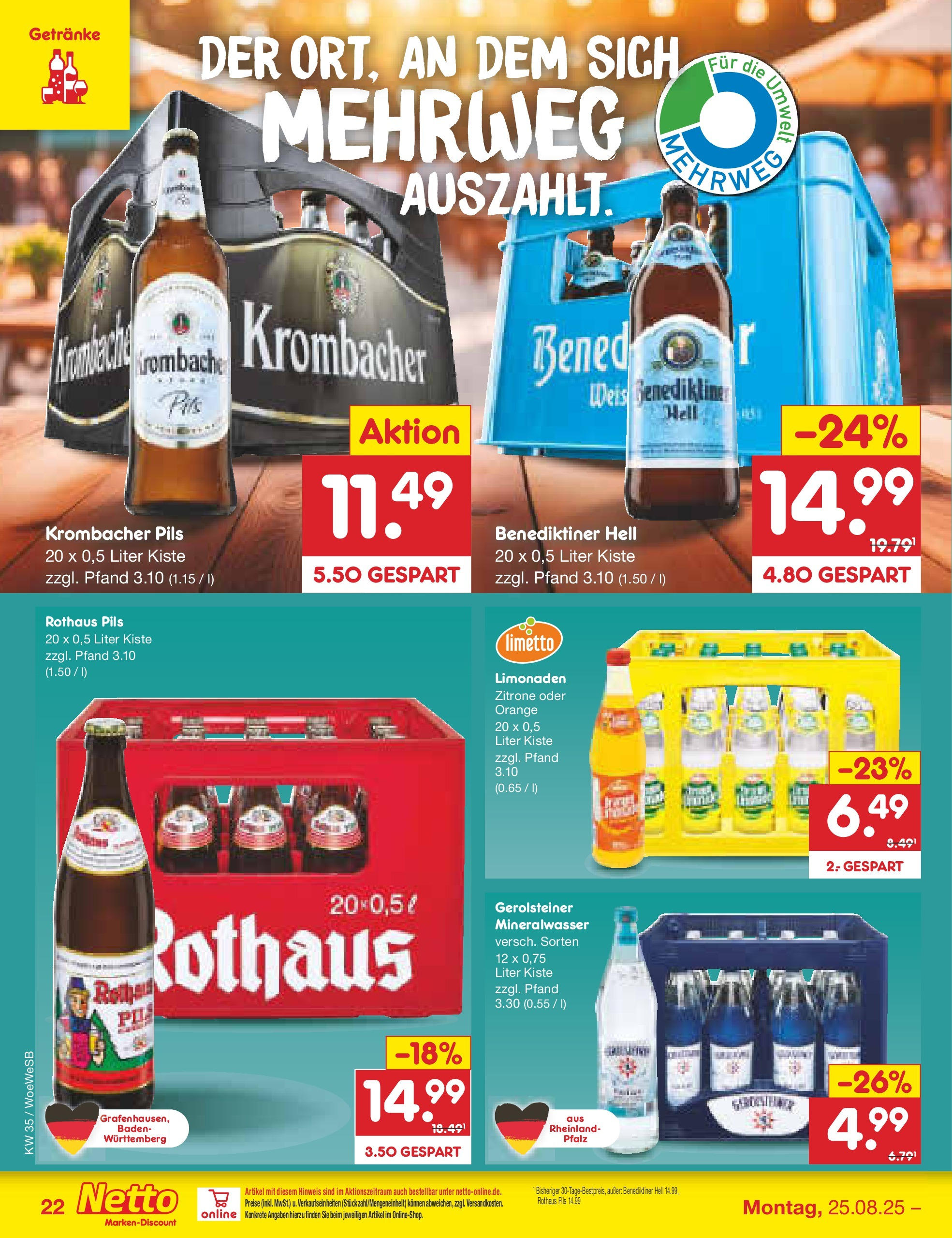 Netto Marken-Discount prospekt Katzweiler	 (ab 24.08.2025) » Angebote | Seite: 32 | Produkte: Mineralwasser, Benediktiner hell, Zitrone, Gerolsteiner