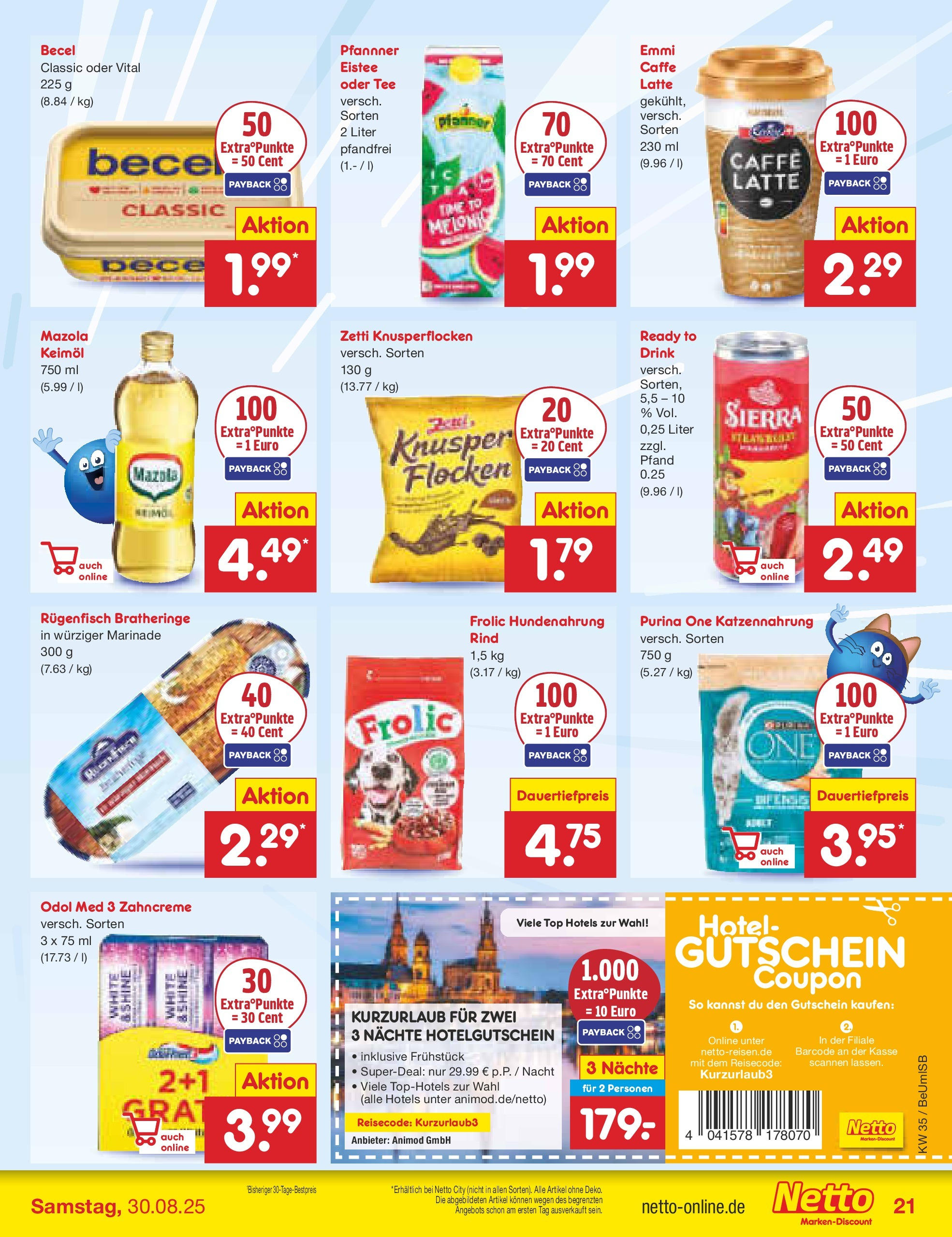 Netto Marken-Discount prospekt Kremmen	 (ab 24.08.2025) » Angebote | Seite: 27 | Produkte: Purina one, Top, Becel, Tee