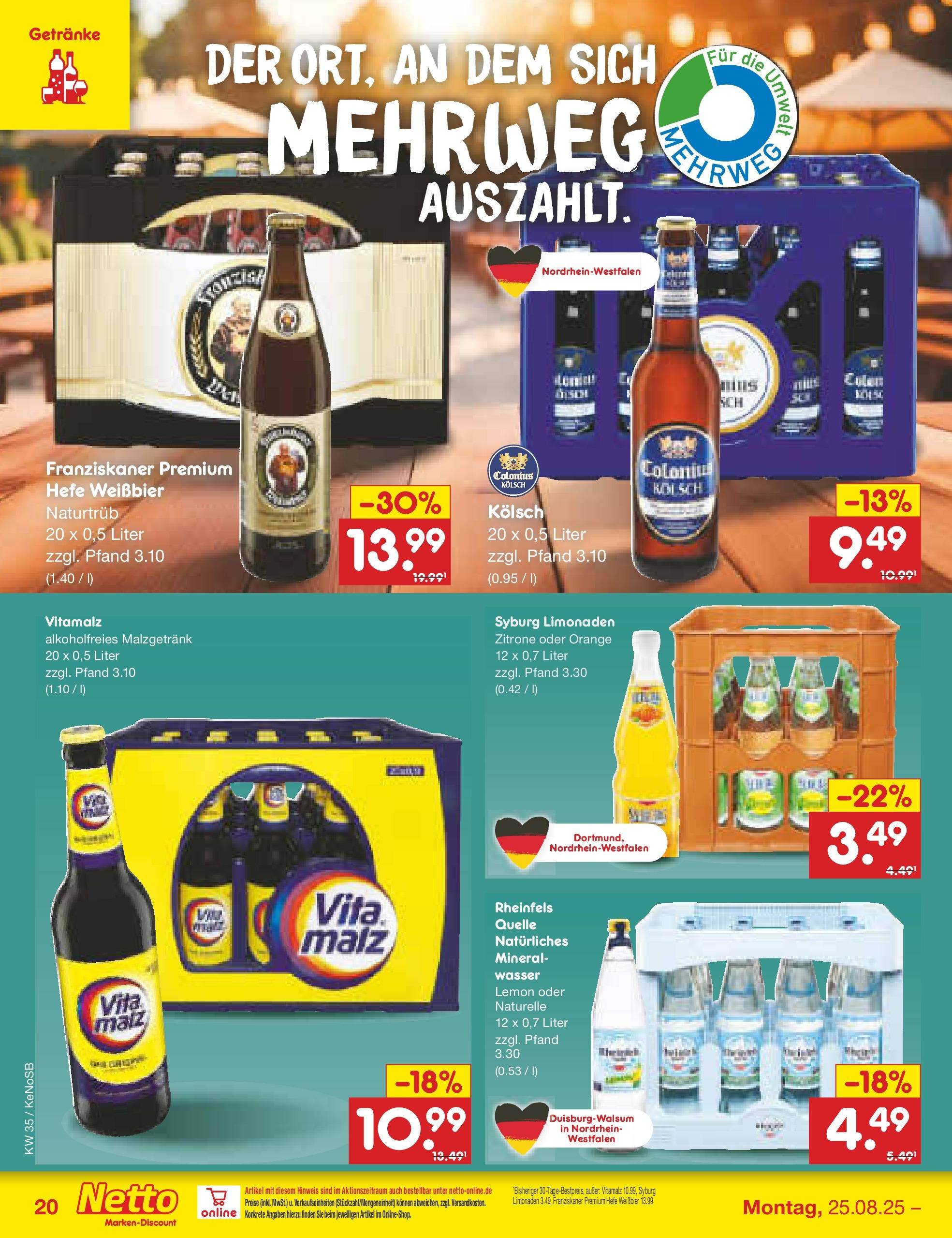 Netto Marken-Discount prospekt Bonn	 (ab 24.08.2025) » Angebote | Seite: 30 | Produkte: Franziskaner, Weißbier, Wasser, Hefe weissbier