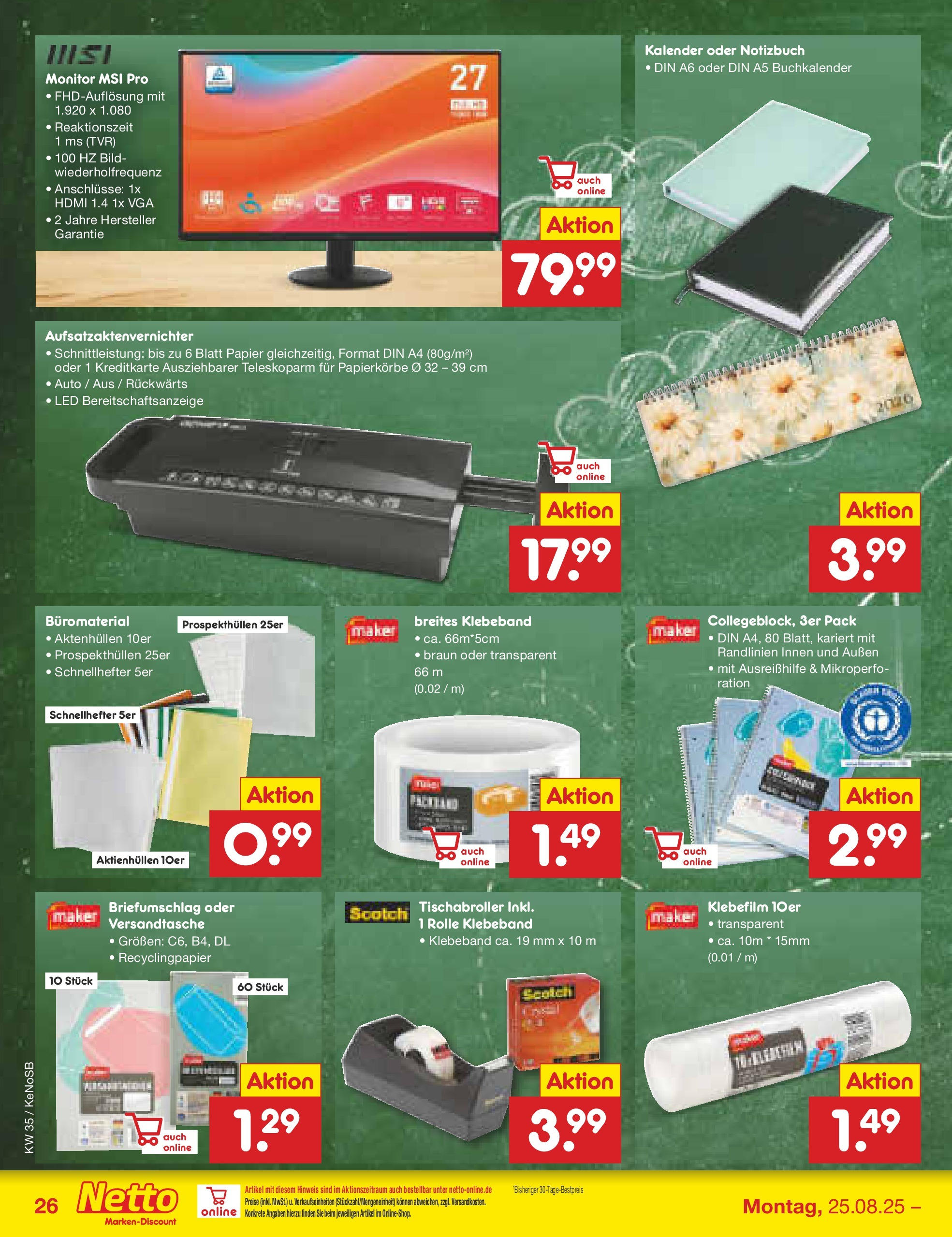 Netto Marken-Discount prospekt Bonn	 (ab 24.08.2025) » Angebote | Seite: 38 | Produkte: Notizbuch, Monitor
