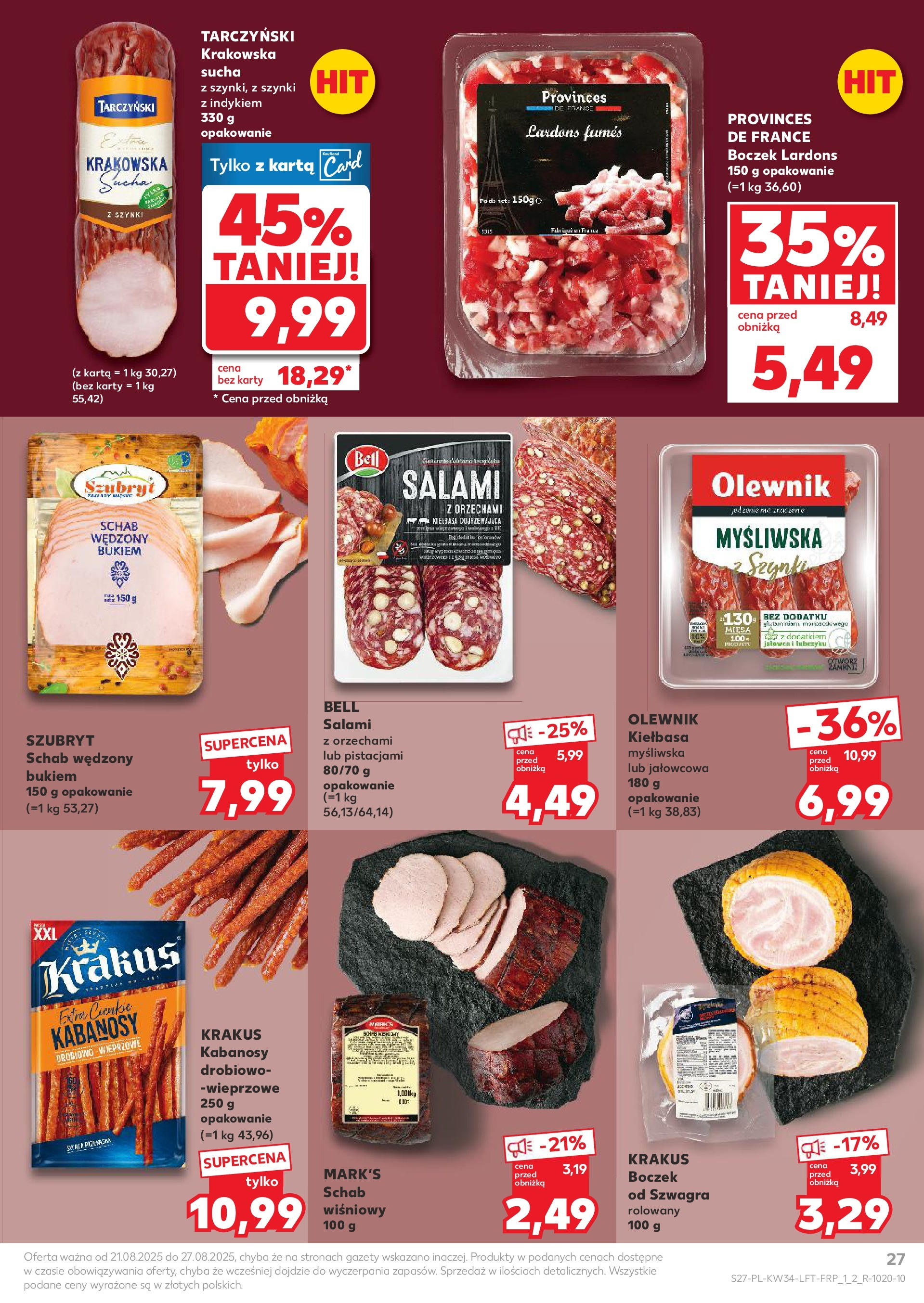 Kaufland gazetka od 21.08.2025 - od jutra PDF | Strona: 27 | Produkty: Schab, Kiełbasa dojrzewająca, Bell, Kabanosy