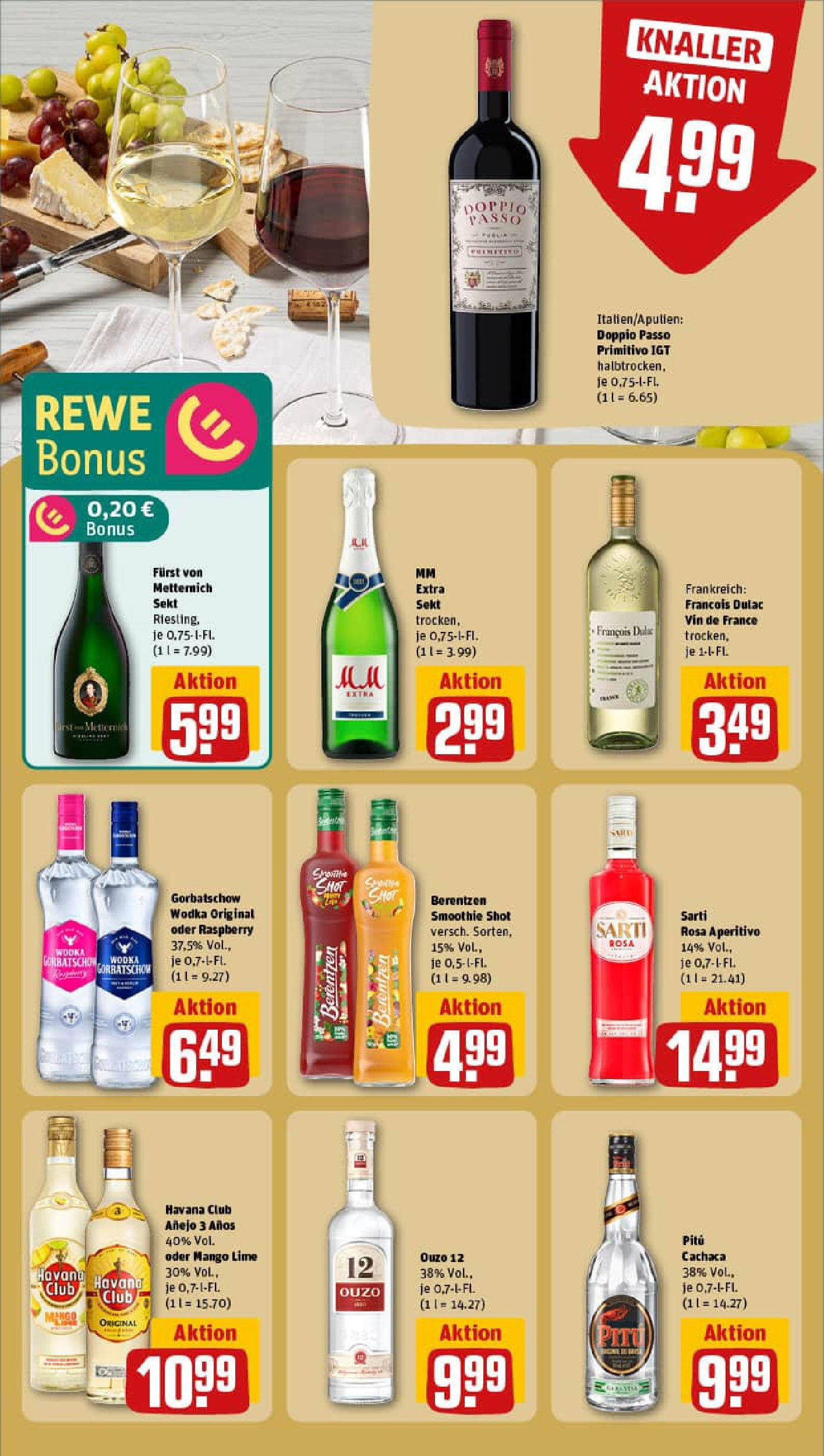 REWE Prospekt ab 24.08.2025 zum Blättern » Angebote | Seite: 21 | Produkte: Furst von metternich, Ouzo, Doppio passo primitivo, Vodka REWE Prospekt ab 24.08.2025 zum Blättern » Angebote | Seite: 21 | Produkte: Furst von metternich, Ouzo, Doppio passo primitivo, Vodka