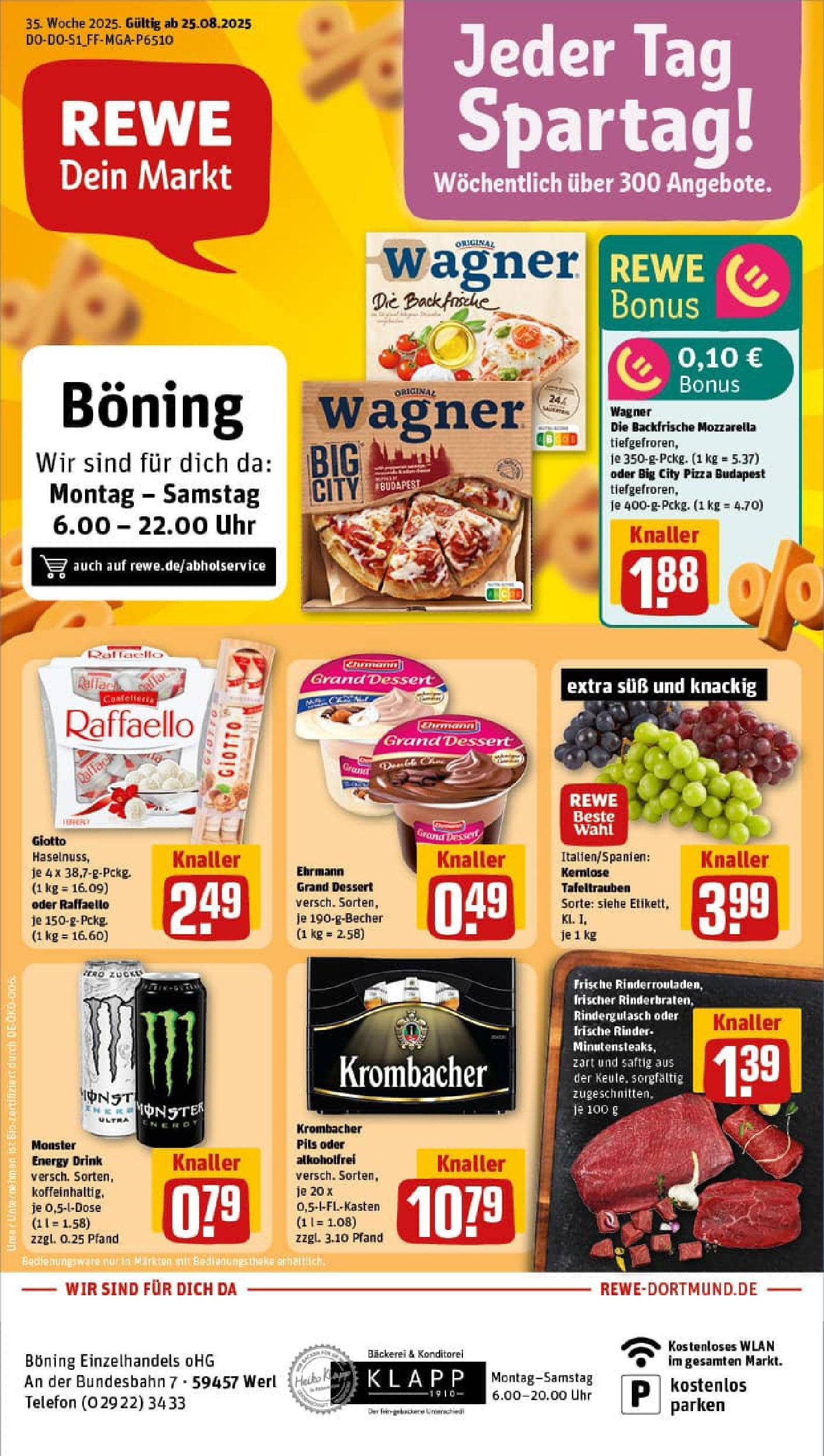 REWE Prospekt ab 24.08.2025 zum Blättern » Angebote | Seite: 1 | Produkte: Raffaello, Rindergulasch, Energy, Pizza REWE Prospekt ab 24.08.2025 zum Blättern » Angebote | Seite: 1 | Produkte: Raffaello, Rindergulasch, Energy, Pizza