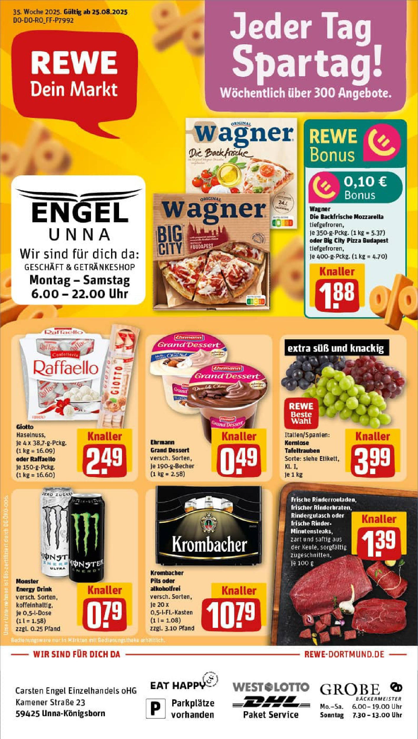 REWE Prospekt ab 24.08.2025 zum Blättern » Angebote | Seite: 1 | Produkte: Raffaello, Energy, Mozzarella, Uhr