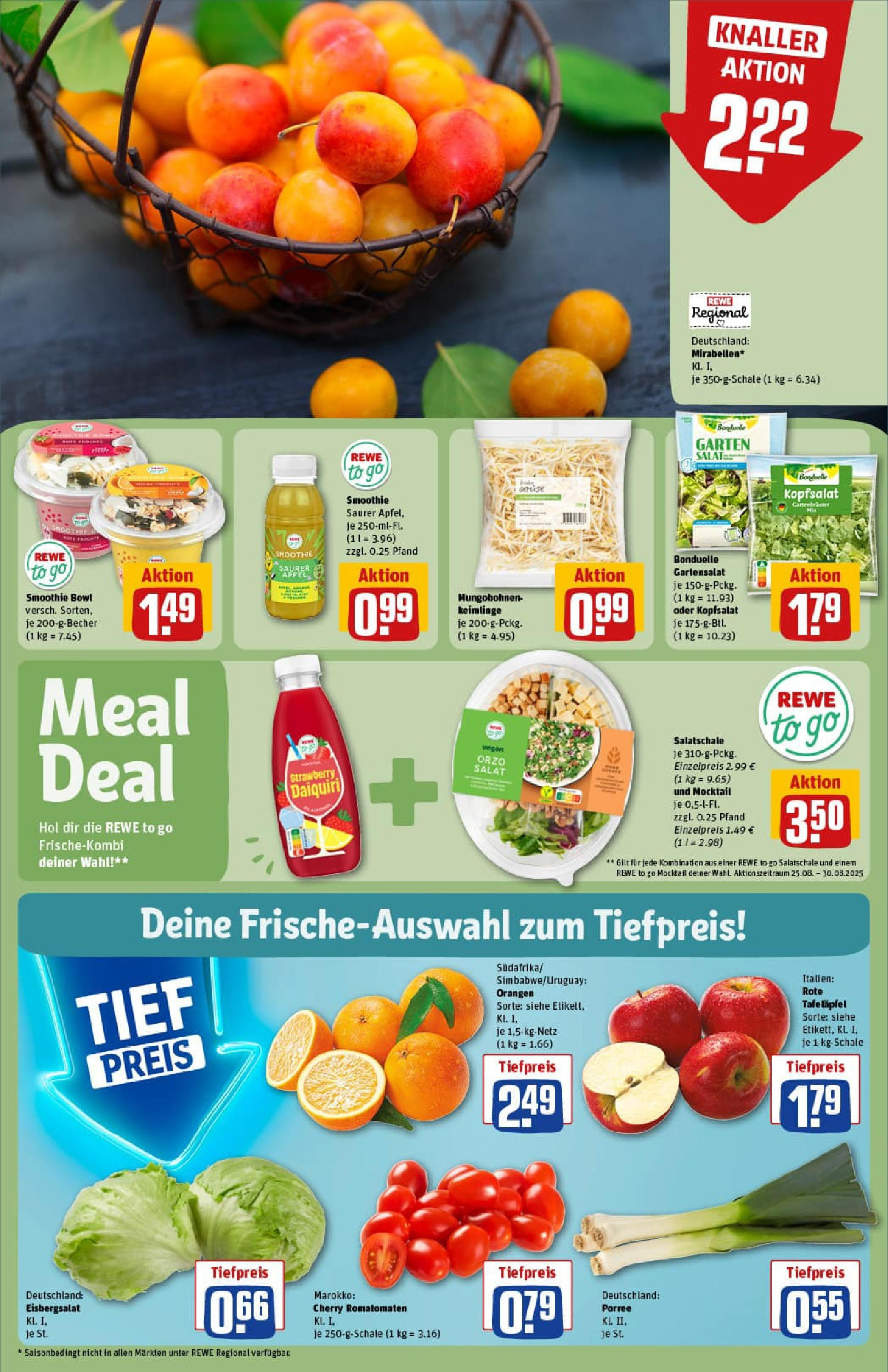 REWE Prospekt ab 24.08.2025 zum Blättern » Angebote | Seite: 8 | Produkte: Äpfel, Orangen, Eisbergsalat, Salat