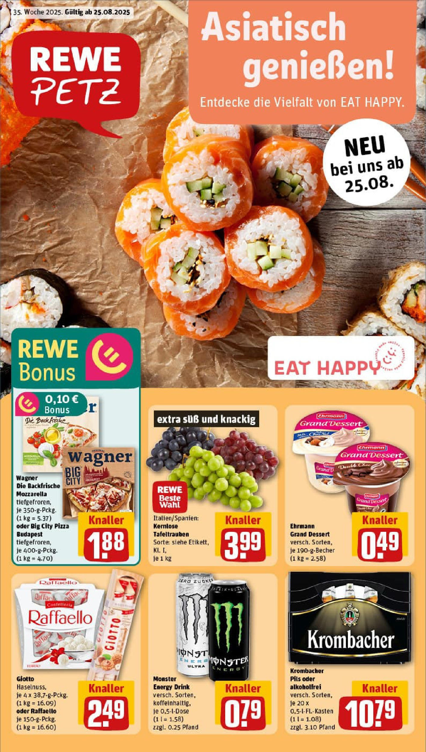 REWE Prospekt ab 24.08.2025 zum Blättern » Angebote | Seite: 1 | Produkte: Energy, Ehrmann grand dessert, Mozzarella, Krombacher REWE Prospekt ab 24.08.2025 zum Blättern » Angebote | Seite: 1 | Produkte: Energy, Ehrmann grand dessert, Mozzarella, Krombacher