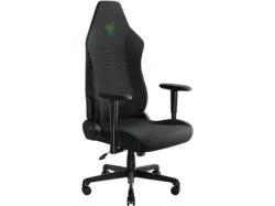 Razer Iskur V2 X - Gaming-Stuhl mit integrierter Lendenwirbelstütze (hochverdichtete Schaumstoffpolster, 2D-Armlehnen, weicher Stoff) Stoff Schwarz Gaming Stuhl, Schlangenlogo in Razer Green