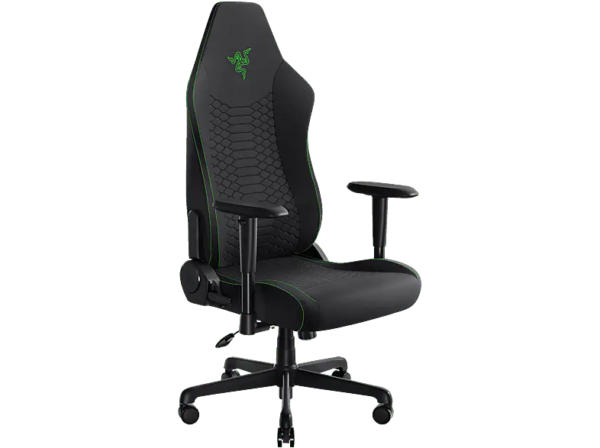 Razer Iskur V2 X - Gaming-Stuhl mit integrierter Lendenwirbelstütze (hochverdichtete Schaumstoffpolster, 2D-Armlehnen, weicher Stoff) Stoff Schwarz Gaming Stuhl, Schlangenlogo in Razer Green