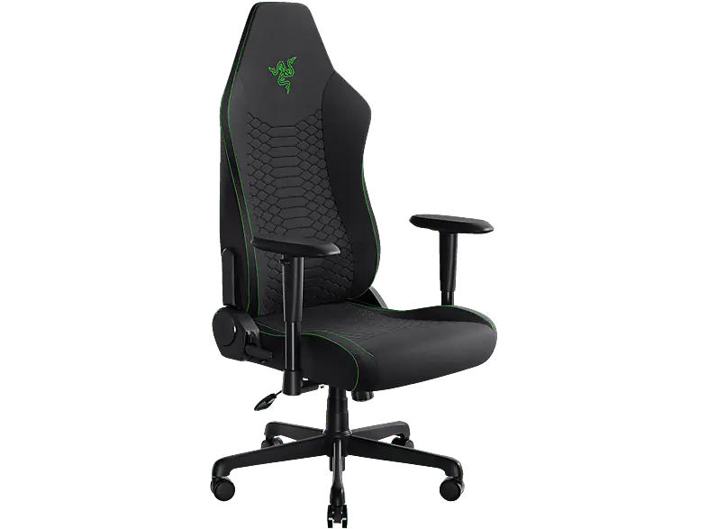 Razer Iskur V2 X - Gaming-Stuhl mit integrierter Lendenwirbelstütze (hochverdichtete Schaumstoffpolster, 2D-Armlehnen, weicher Stoff) Stoff Schwarz Gaming Stuhl, Schlangenlogo in Razer Green