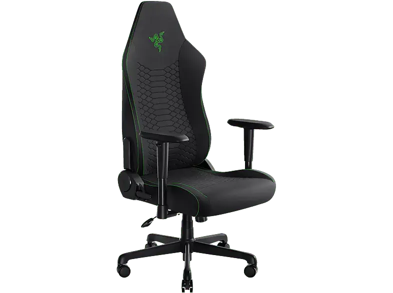 Razer Iskur V2 X - Gaming-Stuhl mit integrierter Lendenwirbelstütze (hochverdichtete Schaumstoffpolster, 2D-Armlehnen, weicher Stoff) Stoff Schwarz Gaming Stuhl, Schlangenlogo in Razer Green