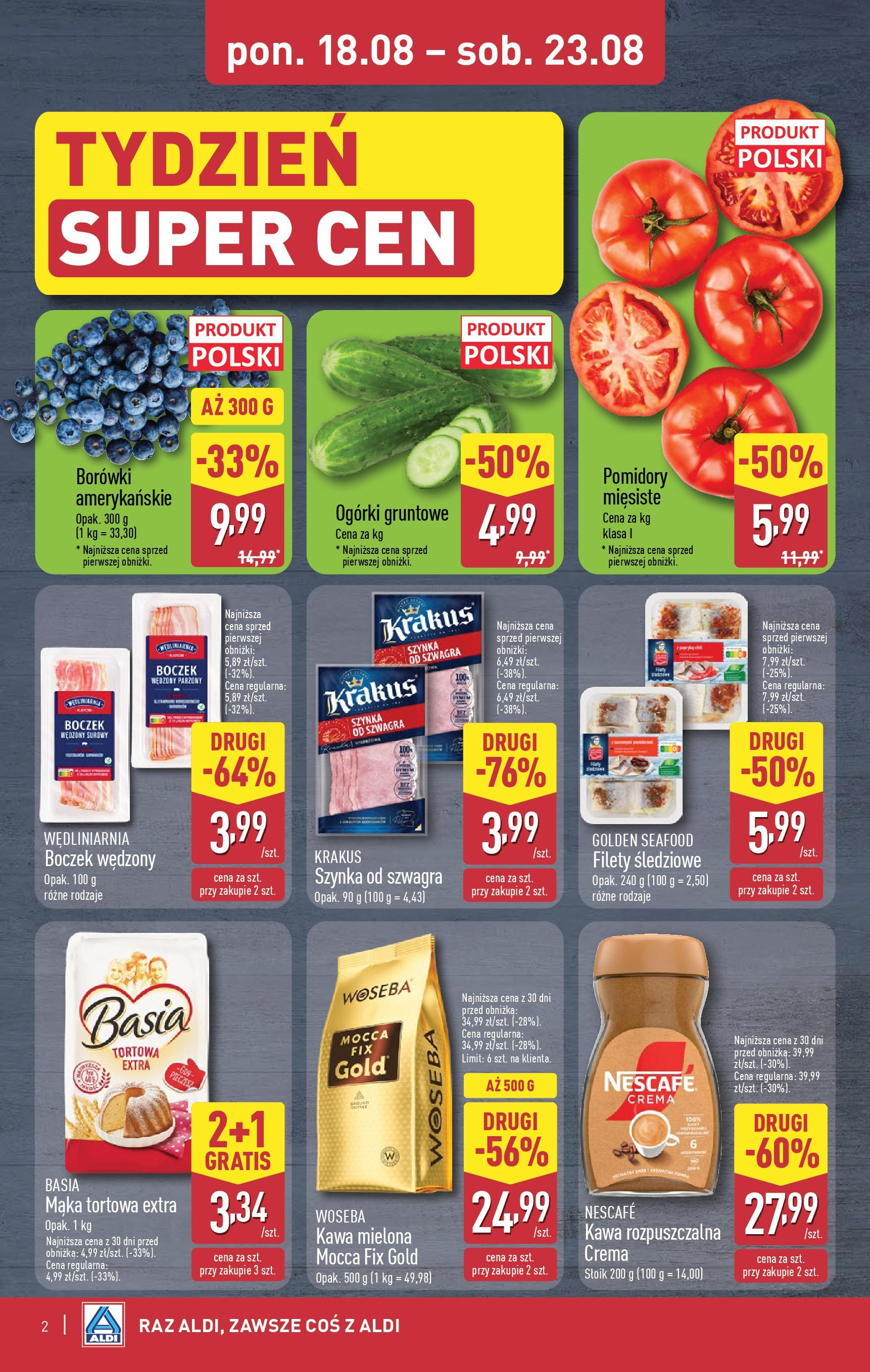 Aldi Gazetka - Okazje na weekend od 21.08.2025 - Ulotka PDF, promocje | Strona: 2 | Produkty: Kawa rozpuszczalna, Boczek wędzony, Boczek, Ogórki