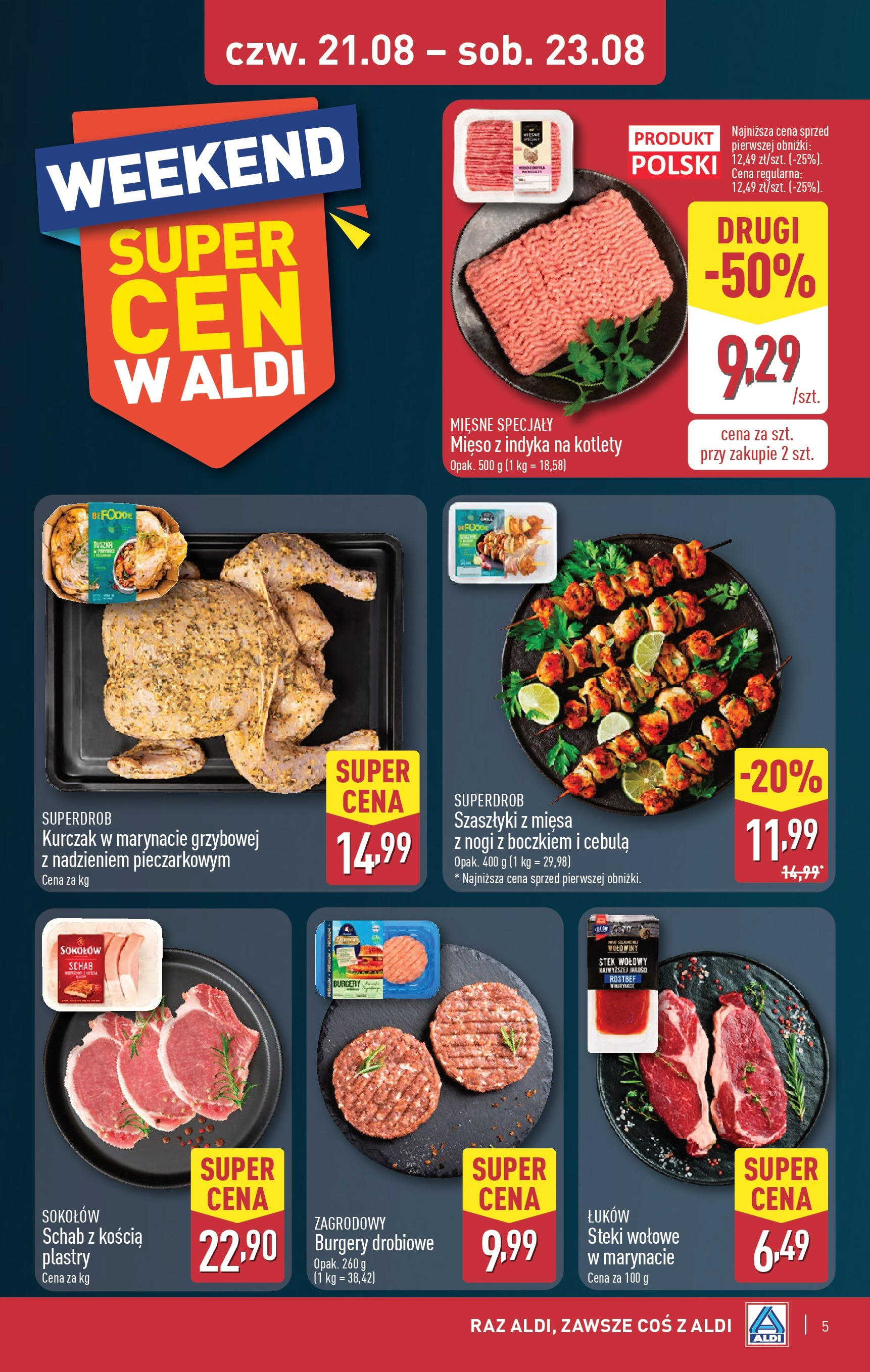 Aldi Gazetka - Okazje na weekend od 21.08.2025 - Ulotka PDF, promocje | Strona: 5 | Produkty: Kurczak, Mięso, Steki, Mięso z indyka