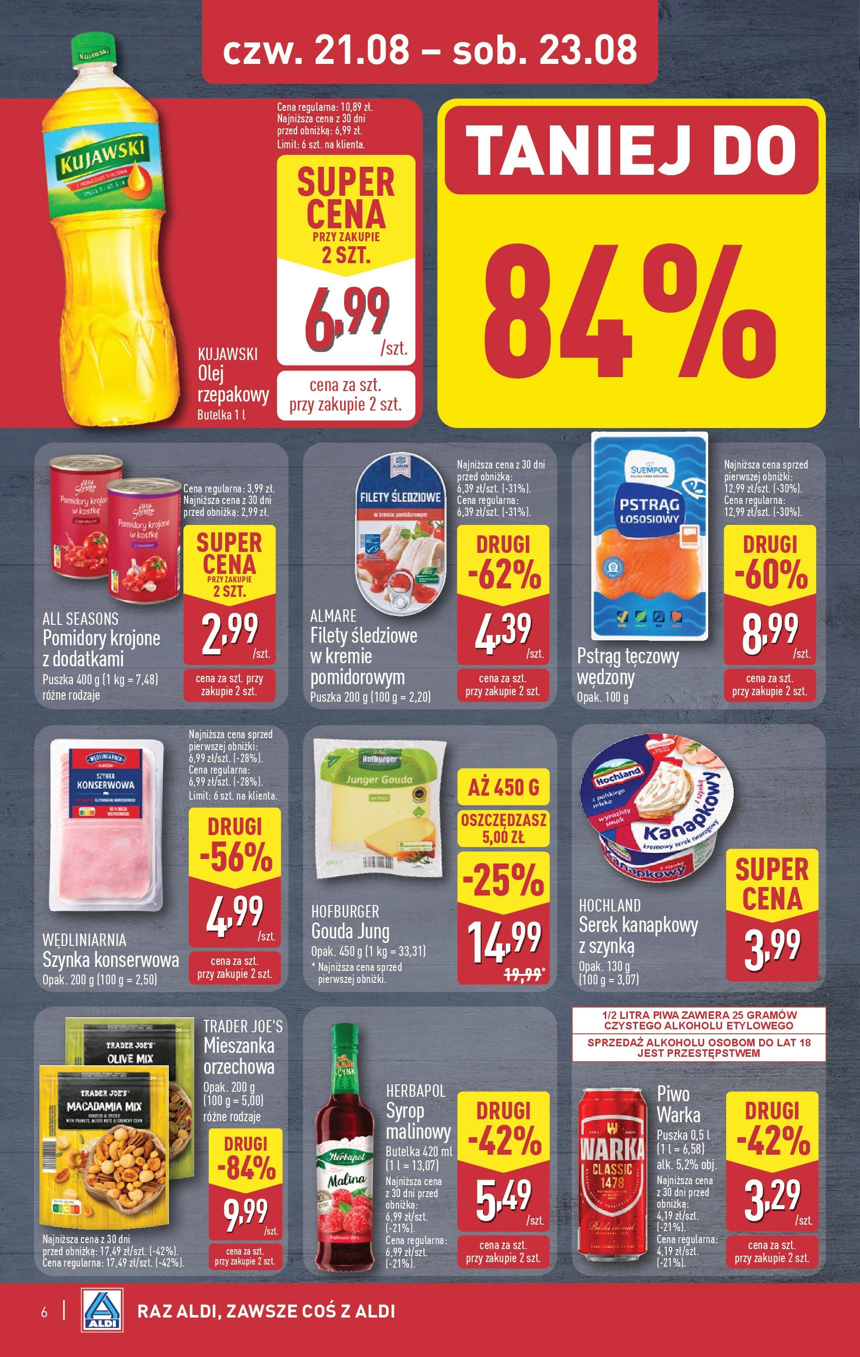 Aldi Gazetka - Okazje na weekend od 21.08.2025 - Ulotka PDF, promocje | Strona: 6 | Produkty: Serek kanapkowy, Serek, Szynka, Piwo