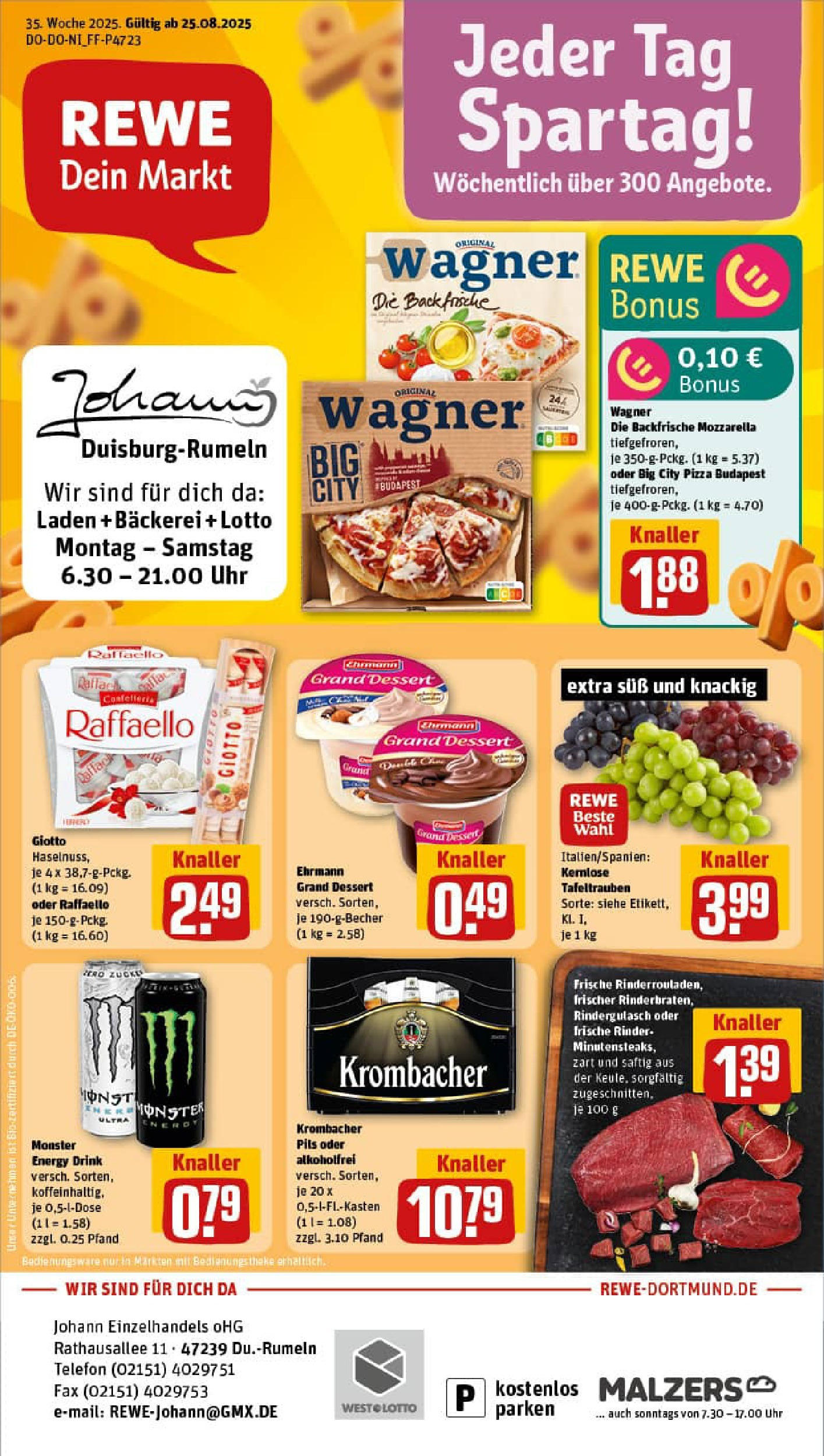 REWE Prospekt ab 24.08.2025 zum Blättern » Angebote | Seite: 1 | Produkte: Raffaello, Mozzarella, Krombacher, Pizza REWE Prospekt ab 24.08.2025 zum Blättern » Angebote | Seite: 1 | Produkte: Raffaello, Mozzarella, Krombacher, Pizza