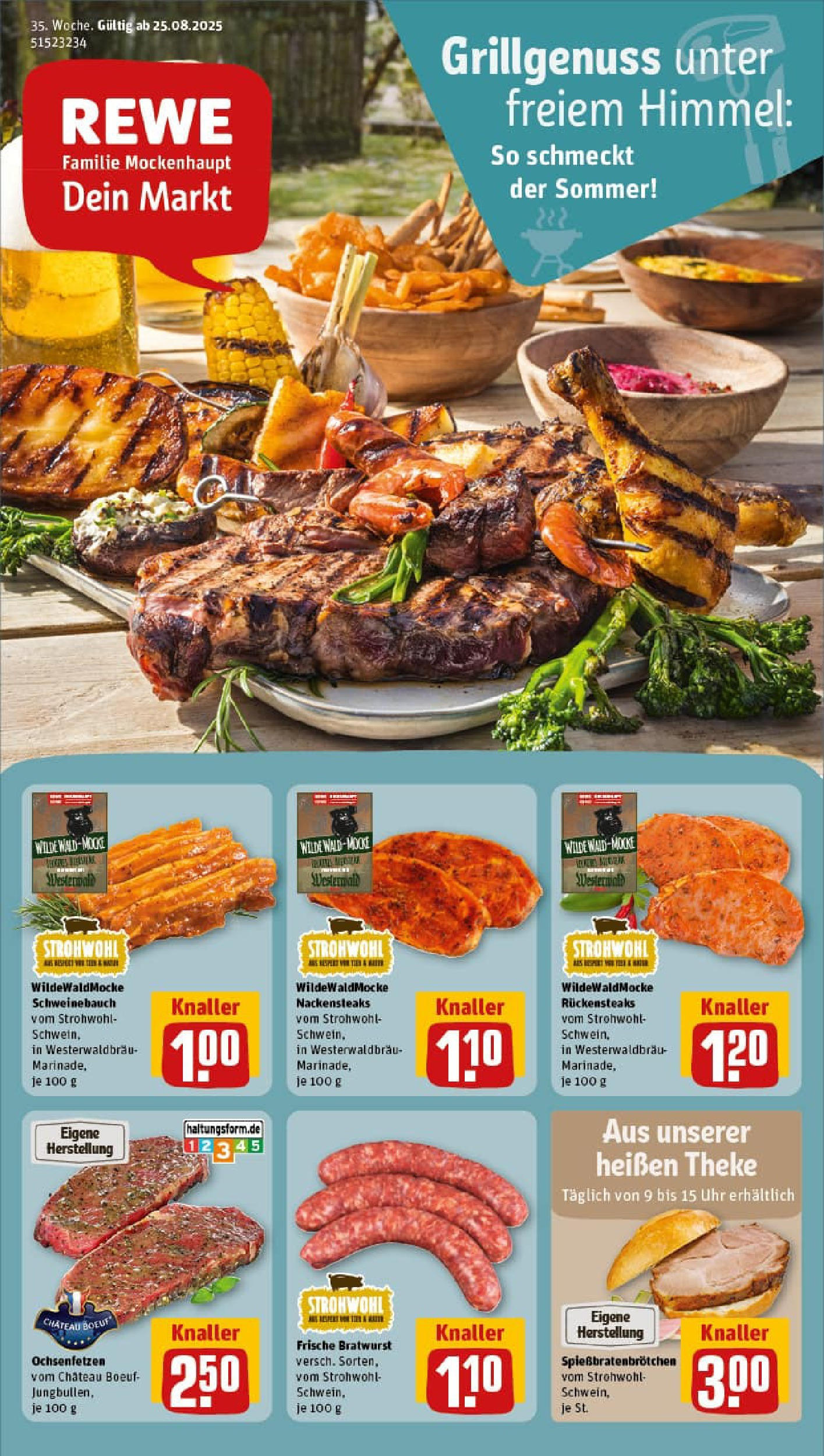 REWE Prospekt ab 24.08.2025 zum Blättern » Angebote | Seite: 1 | Produkte: Nackensteaks, Theke, Schweinebauch, Uhr REWE Prospekt ab 24.08.2025 zum Blättern » Angebote | Seite: 1 | Produkte: Nackensteaks, Theke, Schweinebauch, Uhr