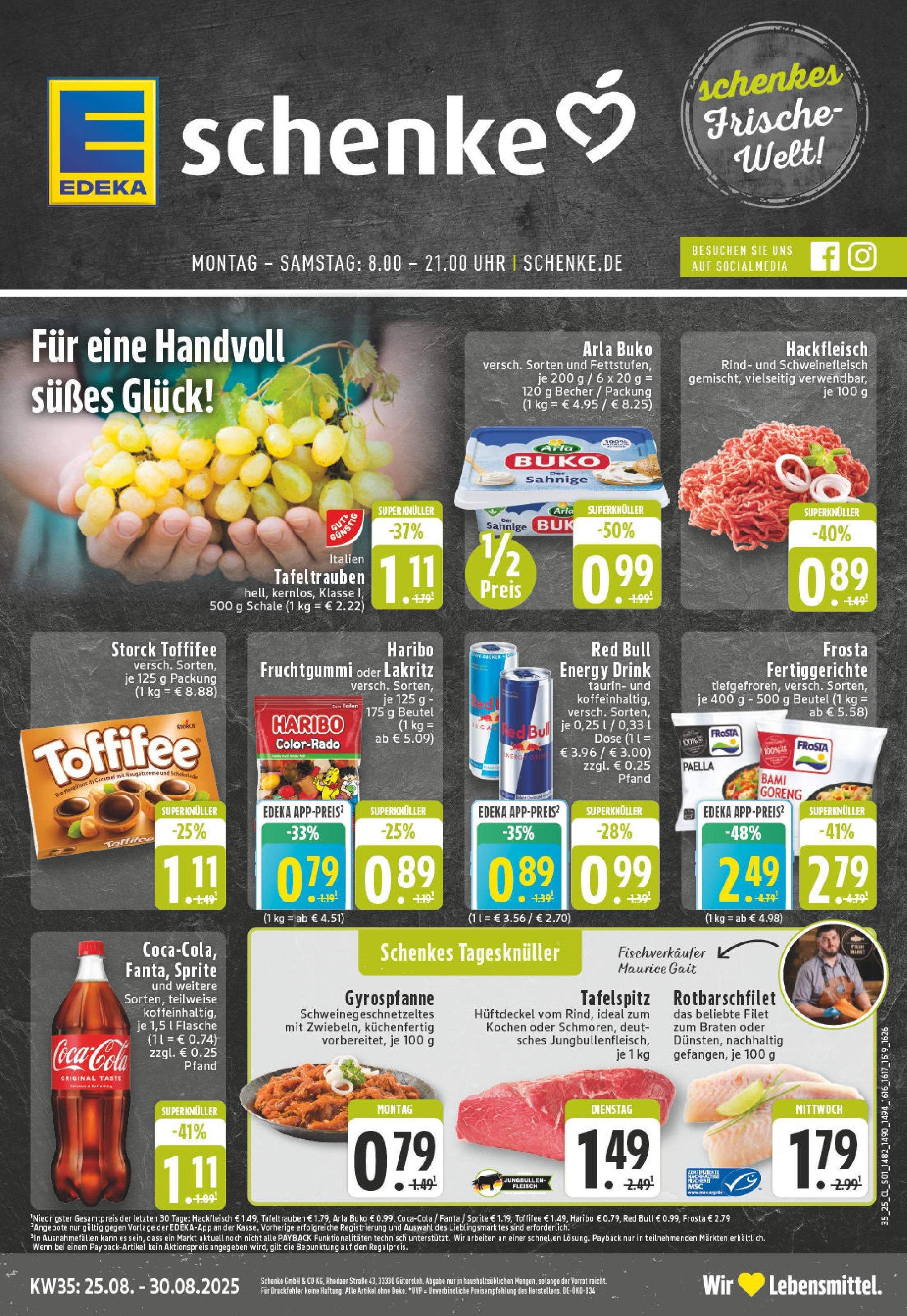 Edeka prospekt Harsewinkel (ab 24.08.2025) » Angebote Online | Seite: 1 | Produkte: Tafelspitz, Red bull, Fleisch, Hackfleisch Edeka prospekt Harsewinkel (ab 24.08.2025) » Angebote Online | Seite: 1 | Produkte: Tafelspitz, Red bull, Fleisch, Hackfleisch