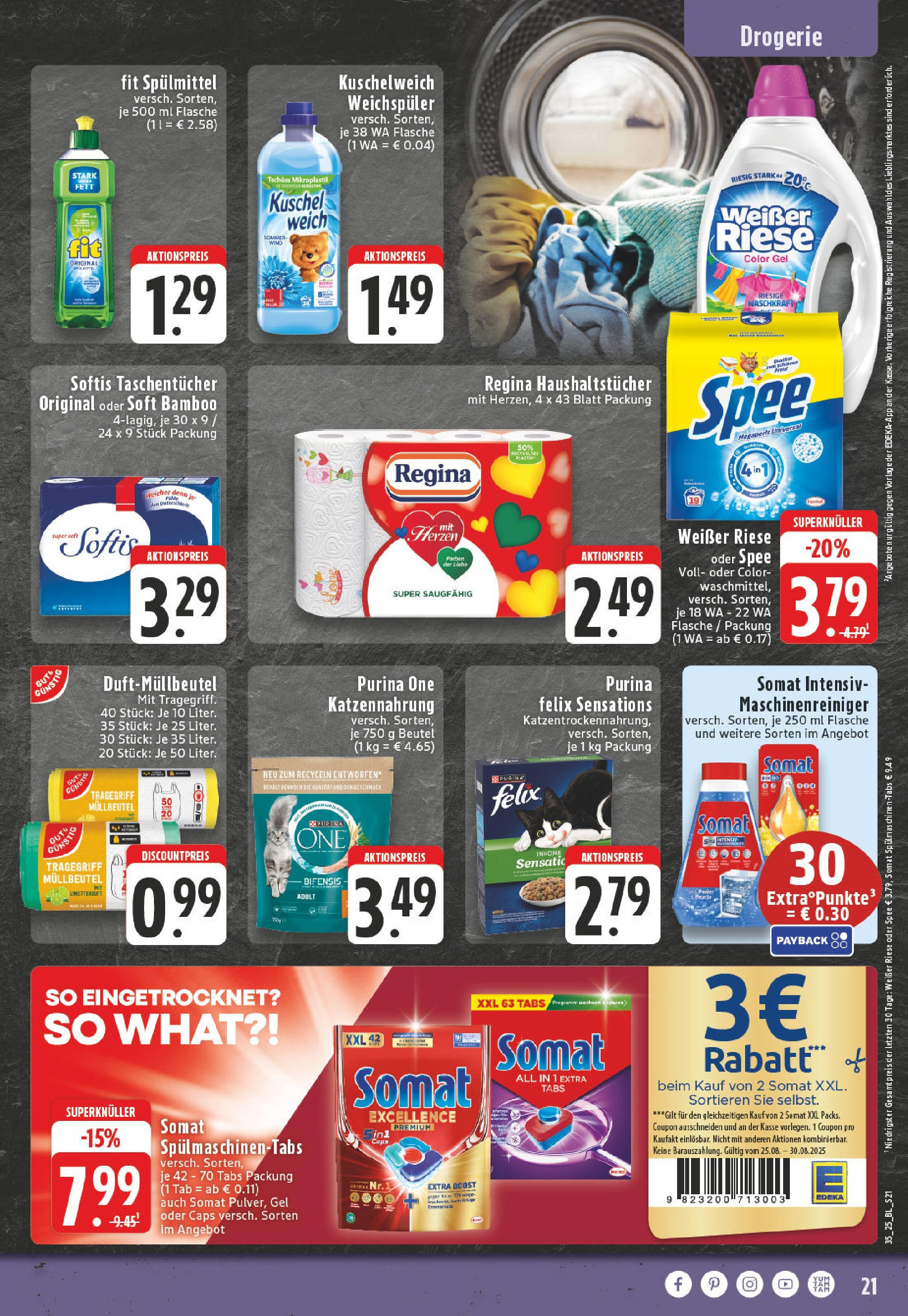 Edeka prospekt Iserlohn (ab 24.08.2025) » Angebote Online | Seite: 21 | Produkte: Purina one, Spulmaschinen tabs, Spee, Weichspüler Edeka prospekt Iserlohn (ab 24.08.2025) » Angebote Online | Seite: 21 | Produkte: Purina one, Spulmaschinen tabs, Spee, Weichspüler