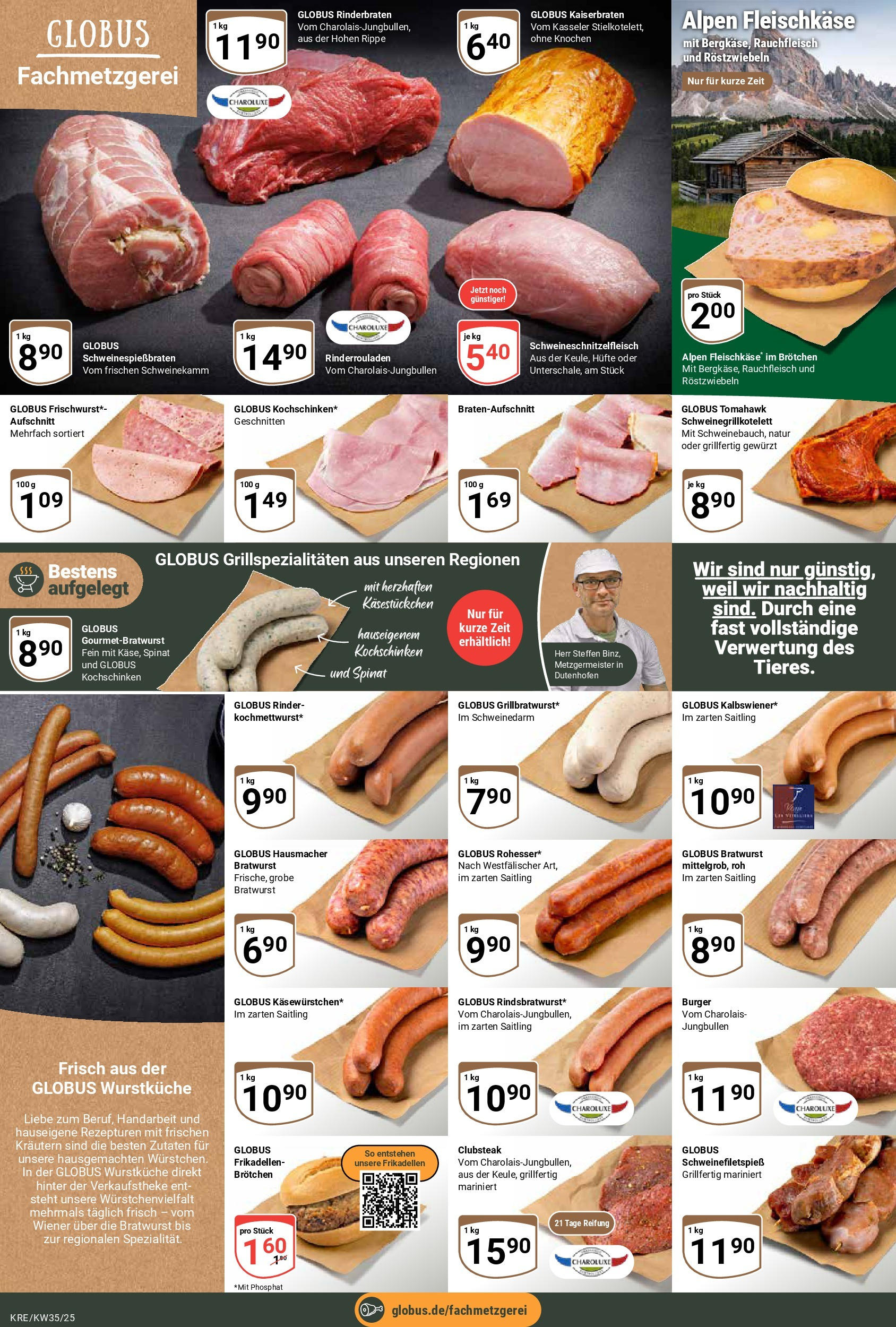 Globus prospekt Krefeld	 (ab 24.08.2025) » Angebote online | Seite: 8 | Produkte: Rinderrouladen, Rinderbraten, Bratwurst, Burger
