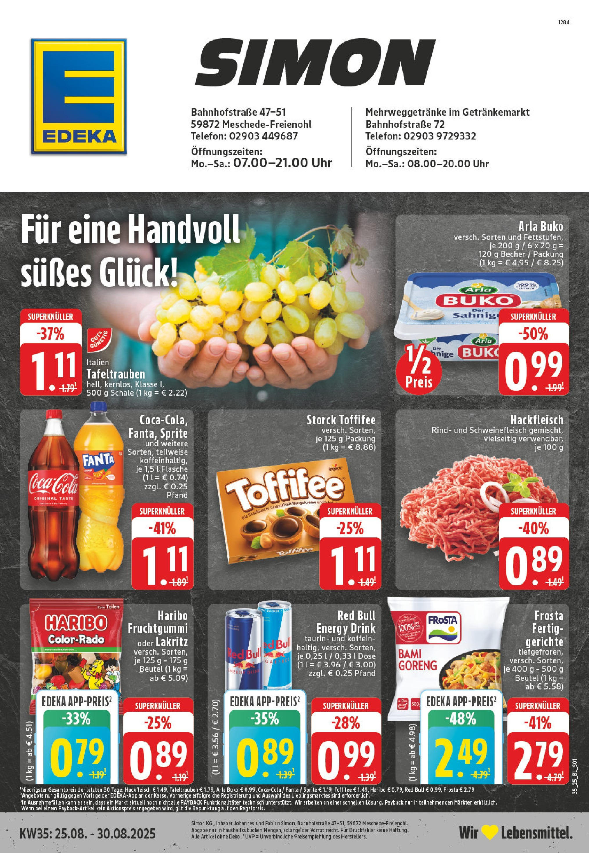 Edeka prospekt Meschede - Freienohl (ab 24.08.2025) » Angebote Online | Seite: 1 | Produkte: Haribo, Toffifee, Telefon, Hackfleisch Edeka prospekt Meschede - Freienohl (ab 24.08.2025) » Angebote Online | Seite: 1 | Produkte: Haribo, Toffifee, Telefon, Hackfleisch