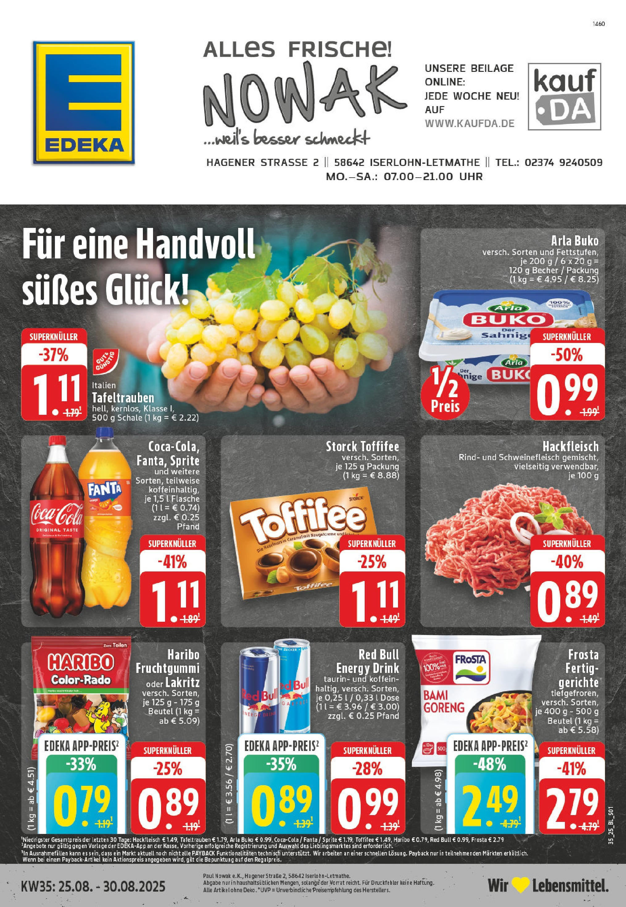 Edeka prospekt Iserlohn-Letmathe (ab 24.08.2025) » Angebote Online | Seite: 1 | Produkte: Coca cola, Fanta, Arla buko, Hackfleisch Edeka prospekt Iserlohn-Letmathe (ab 24.08.2025) » Angebote Online | Seite: 1 | Produkte: Coca cola, Fanta, Arla buko, Hackfleisch