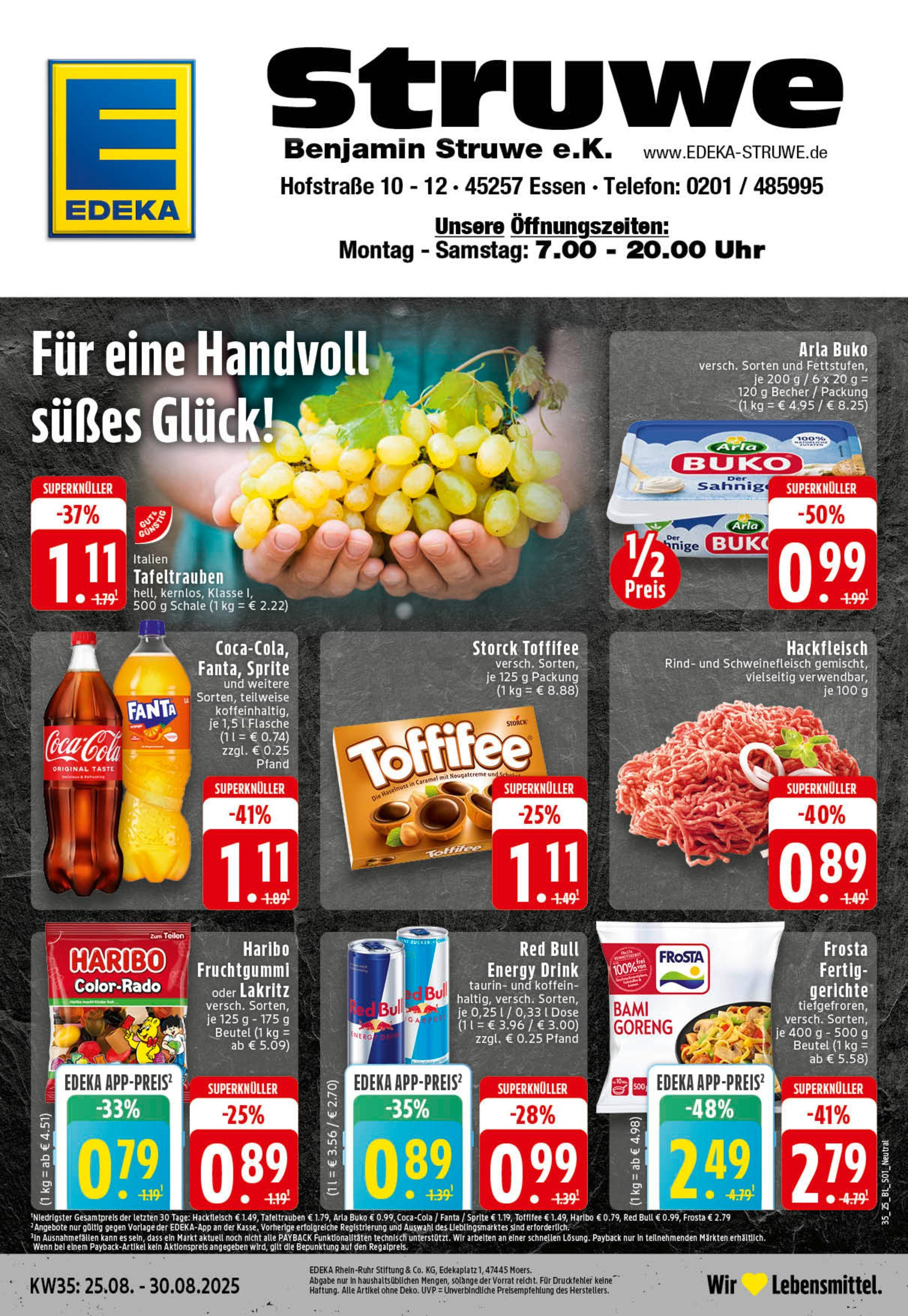 Edeka prospekt Essen (ab 25.08.2025) » Angebote Online | Seite: 1 | Produkte: Red bull, Haribo, Energy, Hackfleisch Edeka prospekt Essen (ab 25.08.2025) » Angebote Online | Seite: 1 | Produkte: Red bull, Haribo, Energy, Hackfleisch