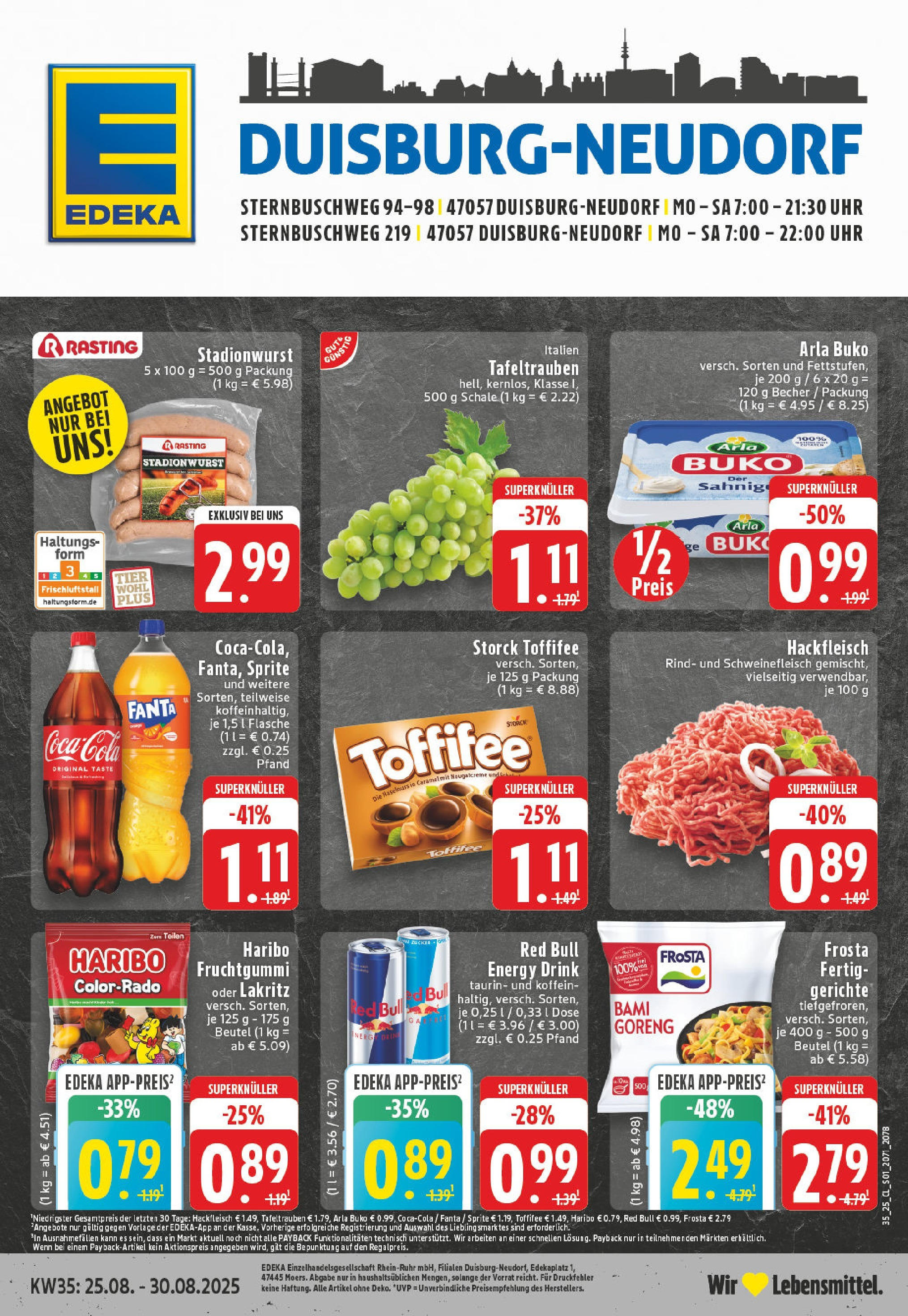 Edeka prospekt Duisburg (ab 24.08.2025) » Angebote Online | Seite: 1 | Produkte: Fanta, Energy, Toffifee, Hackfleisch Edeka prospekt Duisburg (ab 24.08.2025) » Angebote Online | Seite: 1 | Produkte: Fanta, Energy, Toffifee, Hackfleisch