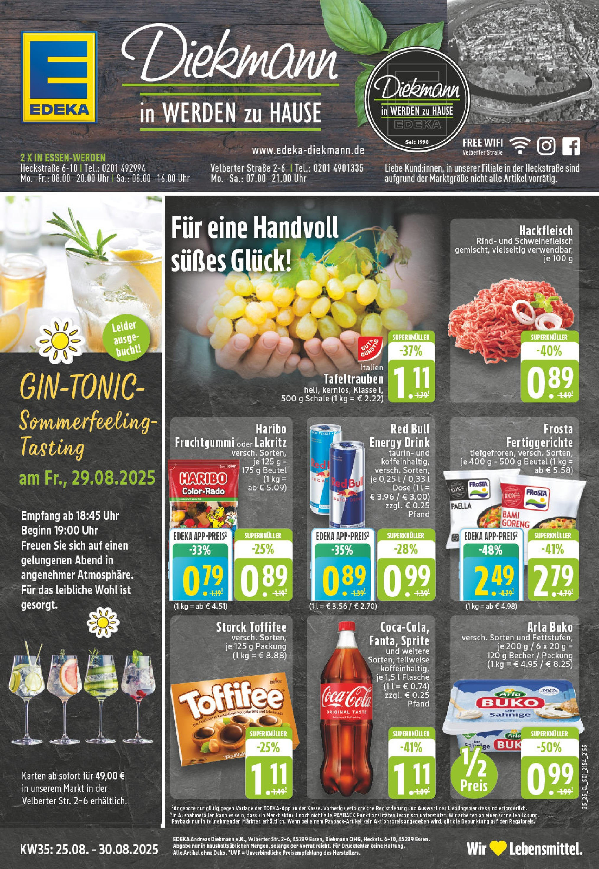 Edeka prospekt Essen-Werden (ab 24.08.2025) » Angebote Online | Seite: 1 | Produkte: Cola, Toffifee, Schweinefleisch, Hackfleisch Edeka prospekt Essen-Werden (ab 24.08.2025) » Angebote Online | Seite: 1 | Produkte: Cola, Toffifee, Schweinefleisch, Hackfleisch