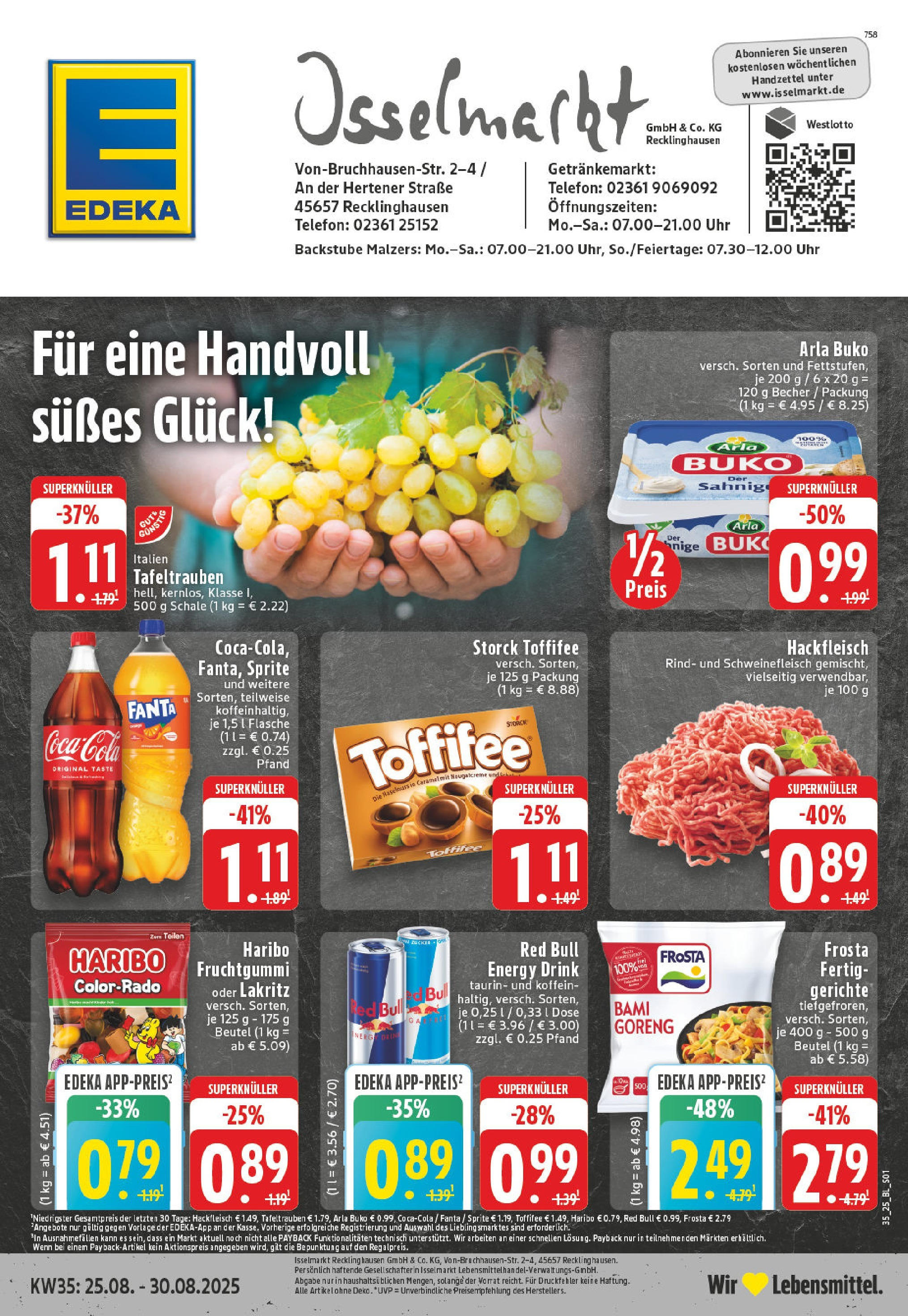 Edeka prospekt Recklinghausen (ab 24.08.2025) » Angebote Online | Seite: 1 | Produkte: Red bull, Coca cola, Arla buko, Hackfleisch Edeka prospekt Recklinghausen (ab 24.08.2025) » Angebote Online | Seite: 1 | Produkte: Red bull, Coca cola, Arla buko, Hackfleisch